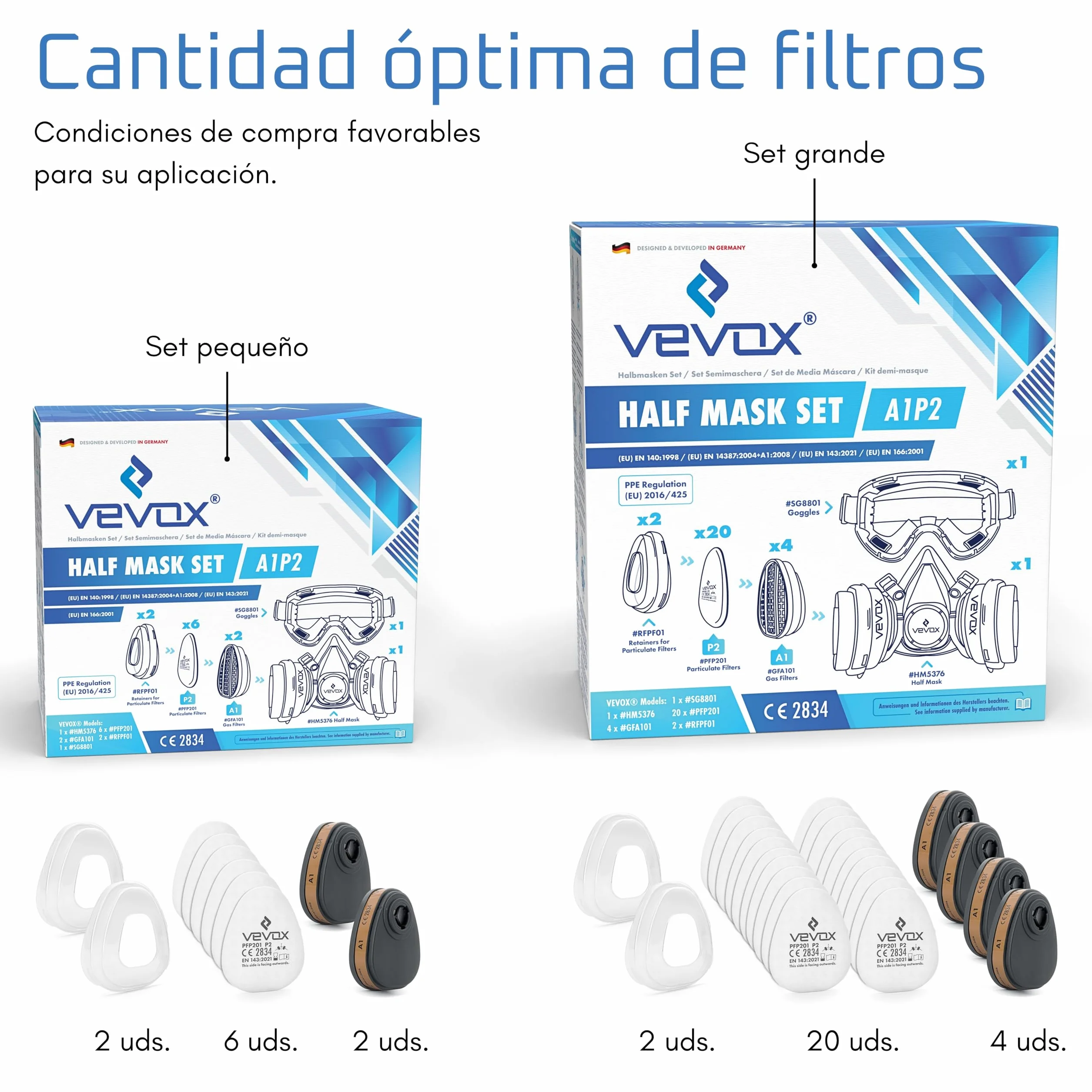 VEVOX® Máscara respiratoria con filtro A1P2 – Protección contra gases, vapores y partículas finas de polvo – Ideale para pintura, lijado y obra – Con 6 filtros P2 antipartículas y 2 A1 antigás