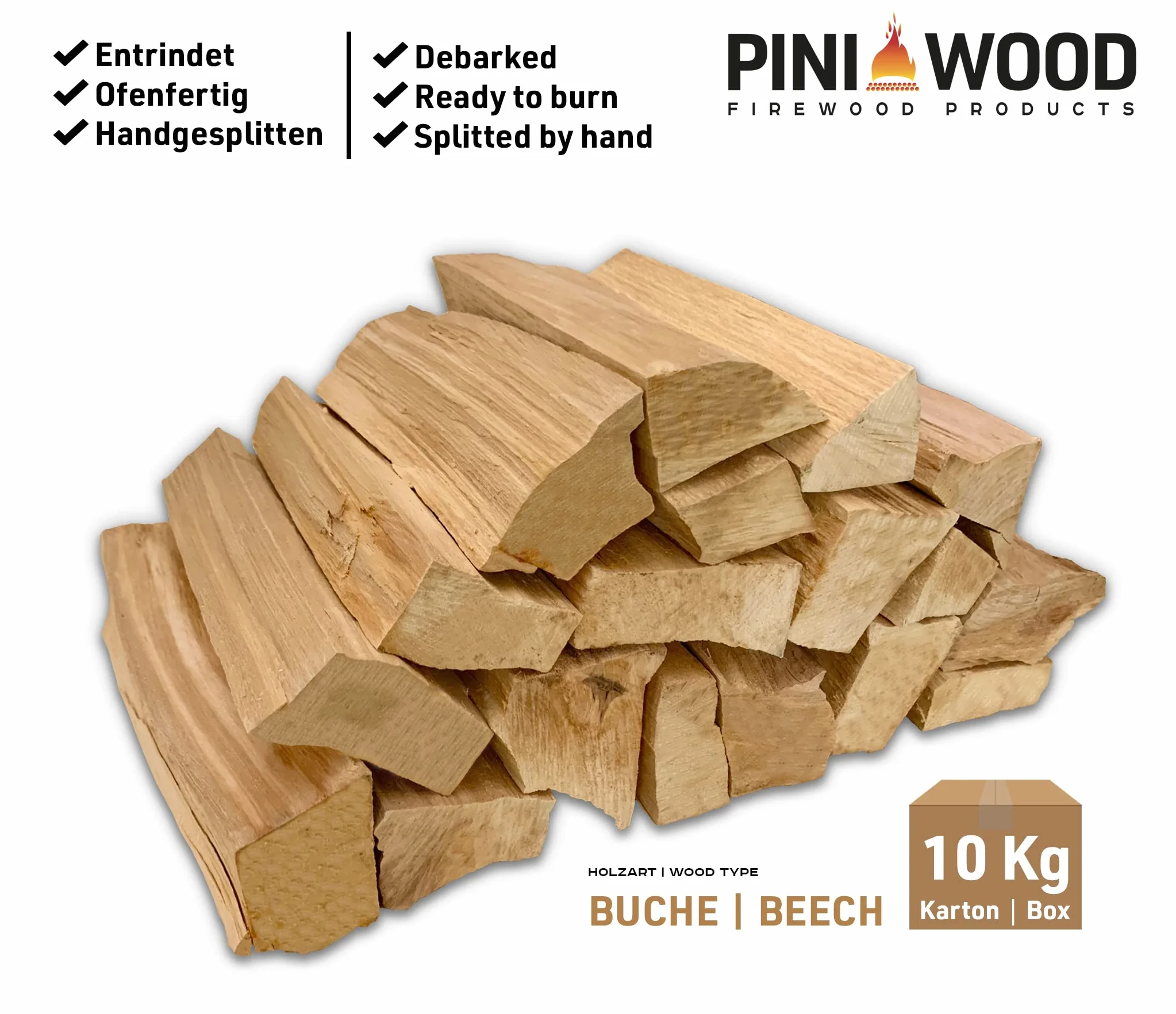 PINI Barbacoa de madera de haya, 10 kg, leña, 30-33 cm, para horno de pizza, barbacoa, ahumador, chimenea