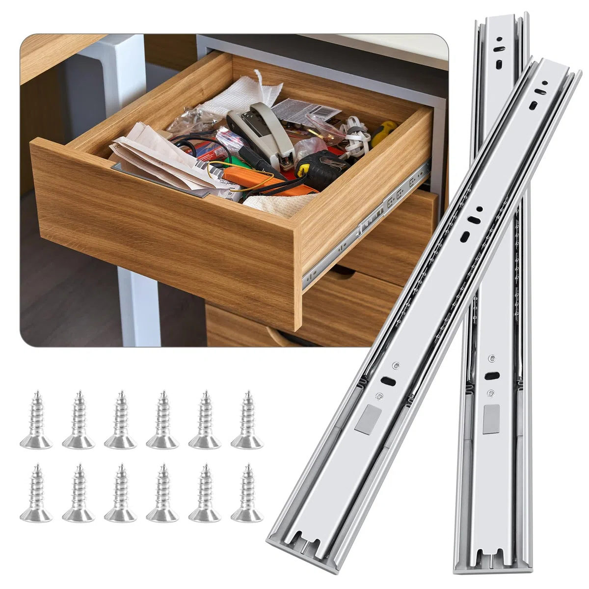 guias correderas para cajones 6 pares (12 piezas), 35 cm Guías para cajones de cierre automático suave, extensión completa con guías con rodamiento de bolas