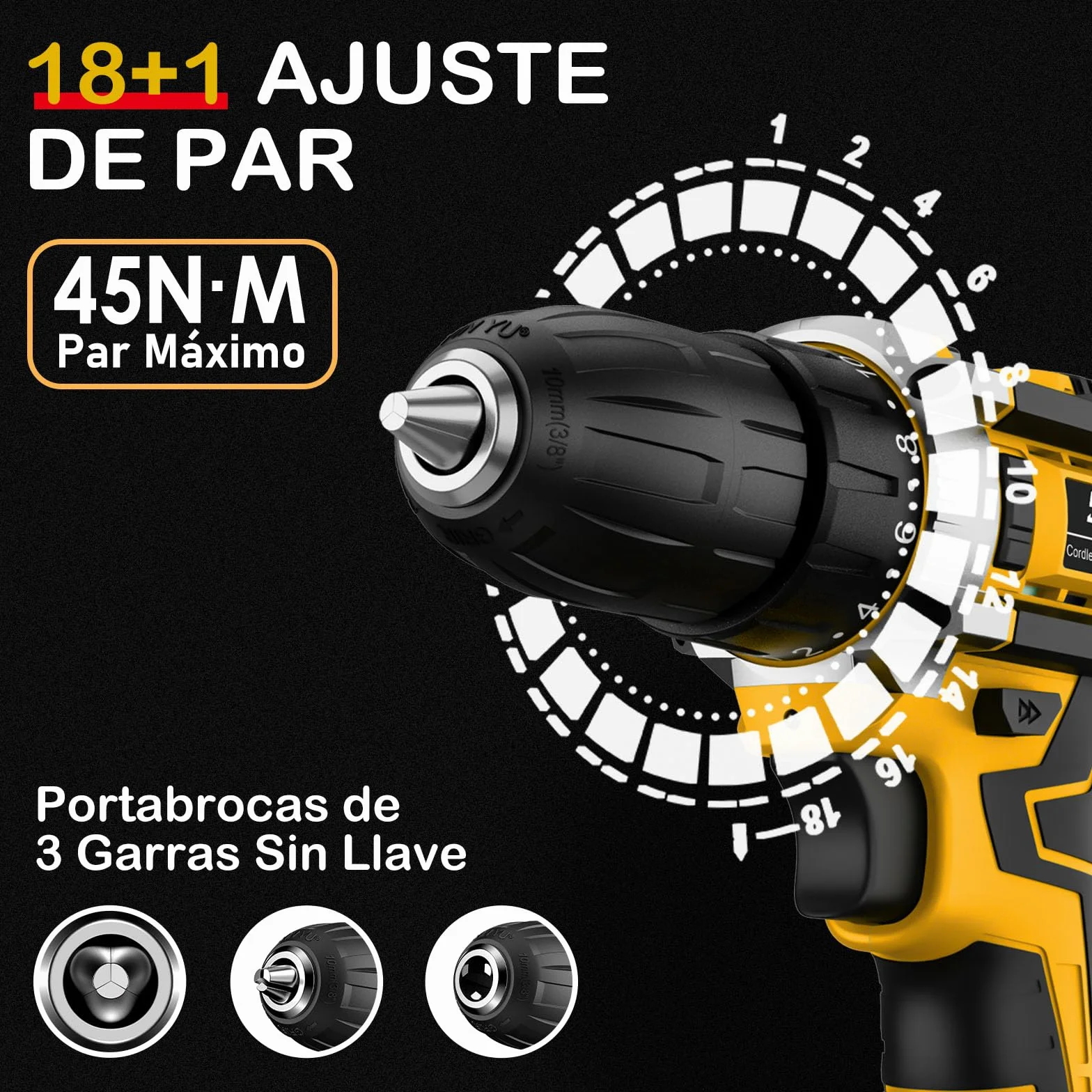 Sundpey Taladro Atornillador Bateria 21V - 45N.m Max Taladro Atornillador Electrico Inalámbrico con 2 Baterías de 2.0Ah, 18+1 Ajuste de Par, 2 Velocidad, Portabrocas de 10mm, LED para Hogar, Bricolaje