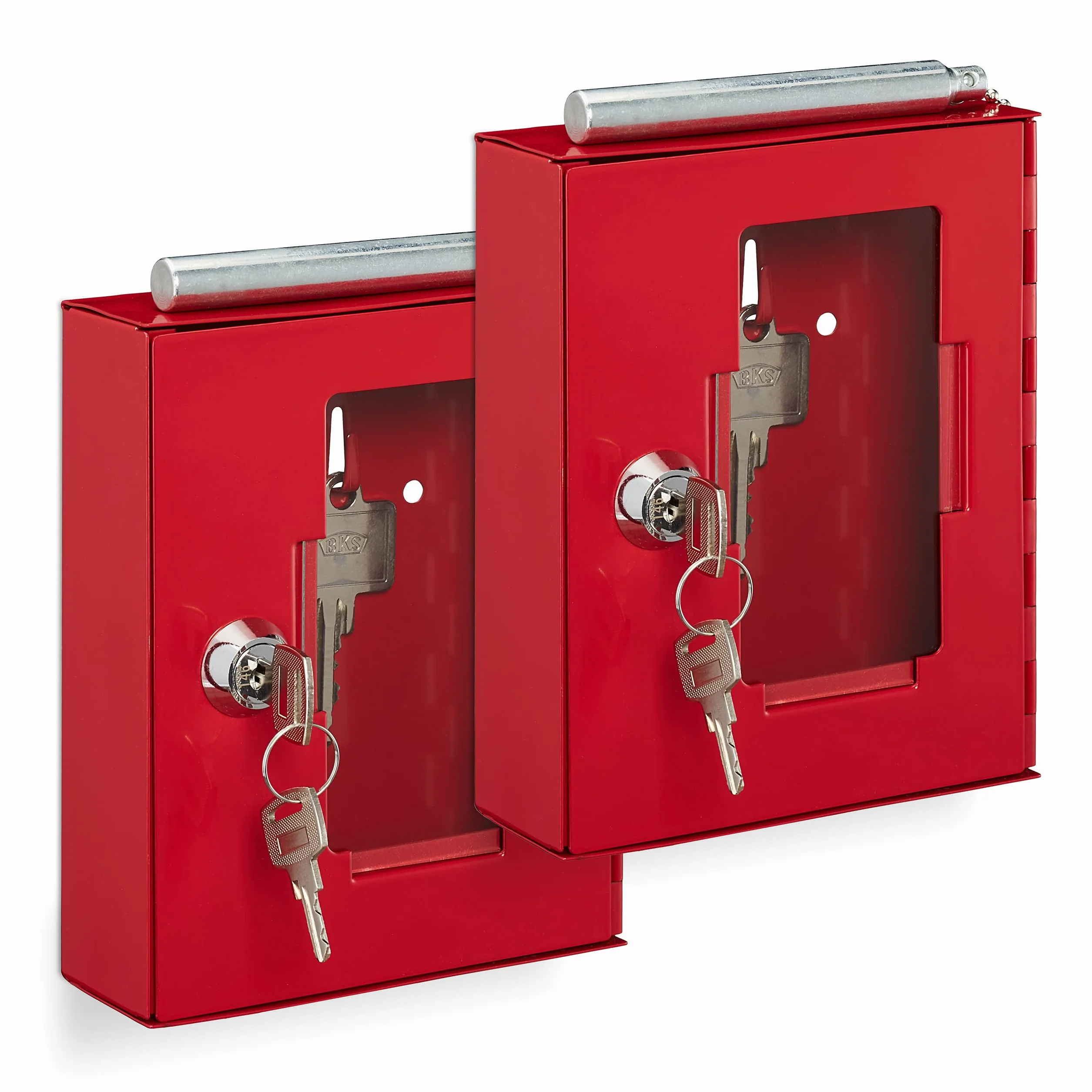 Relaxdays Pack 2 Cajas Llaves de Emergencia Ventana de Cristal Martillo Metal Rojo