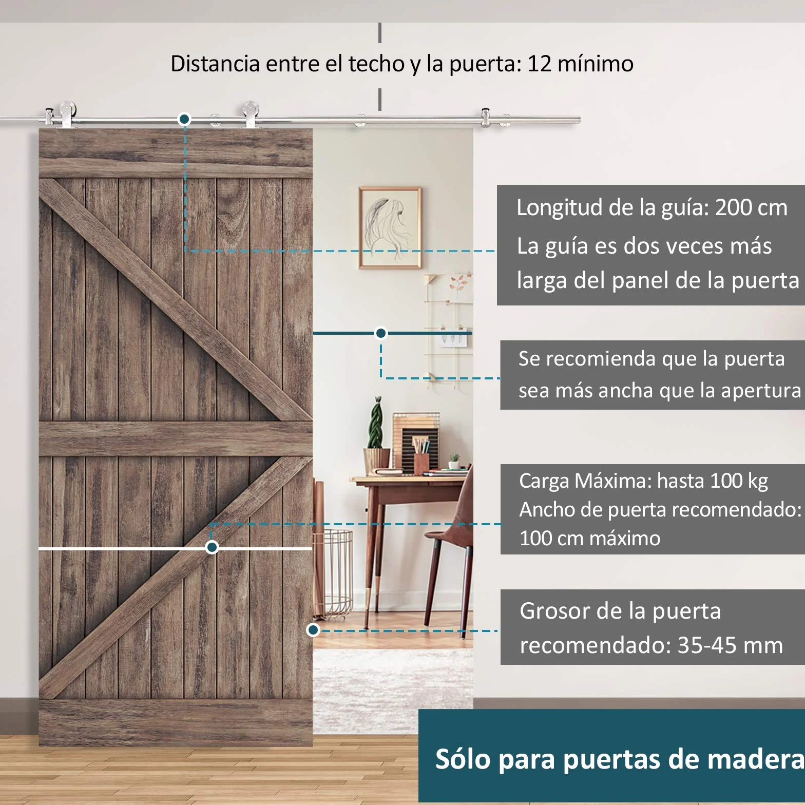 HOMCOM Kit Puerta Corredera 200 cm, Acero Inoxidable, Negro