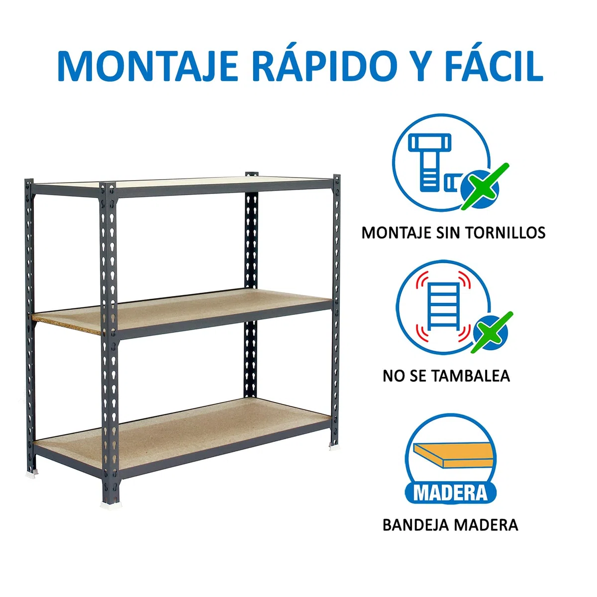 Simon Rack Estanterias Metalicas, 1000x800x400 mm, 3 Baldas de Madera, 150 kg de Punto Flexión, Estanterias Almacenaje, Gris/Madera - Maderclick