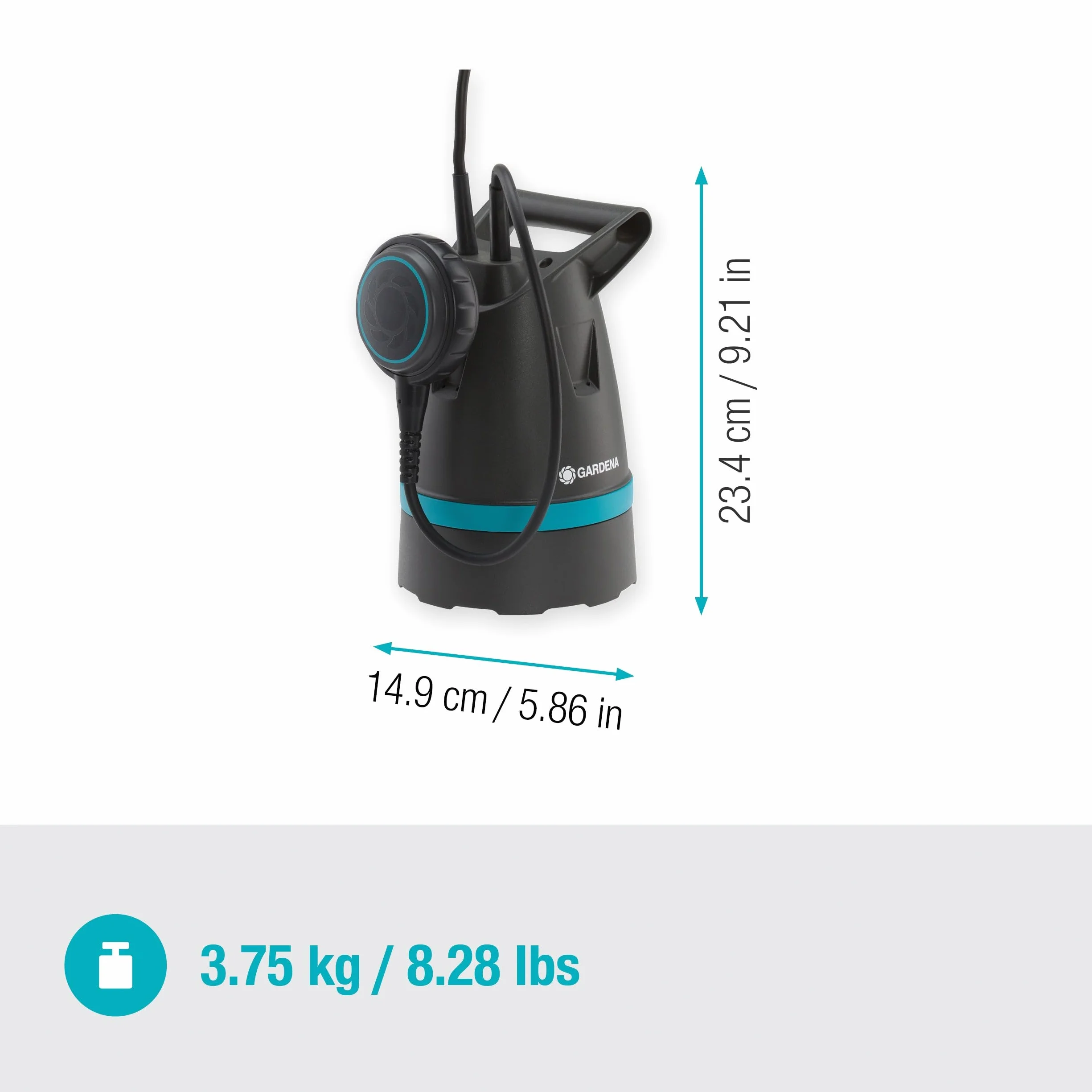 Gardena Bomba sumergible de aguas limpias 8600 Basic: bomba drenaje conexión flexible mangueras, 8600 l/h, aspiración plana hasta 4mm, interruptor flotación funcionamiento continuo (9001-47)
