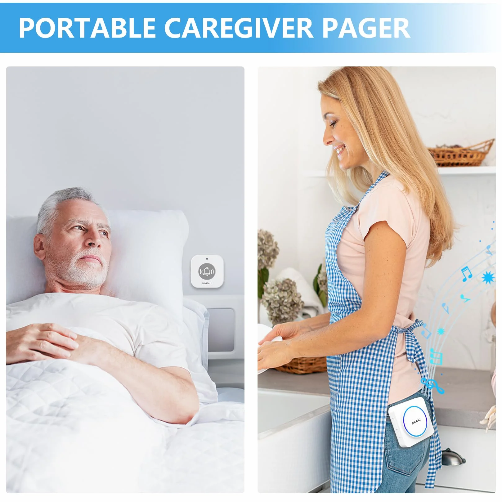 SINGCALL Botón Emergencia Ancianos Portátil con Llamada SOS Avisador Personas Mayores Alarma Movil Inalambrica Alarma Panico para Pacientes, 32 Melodías, Volumen 0-100dB, 1 Receptor Portátil + 1 Botón