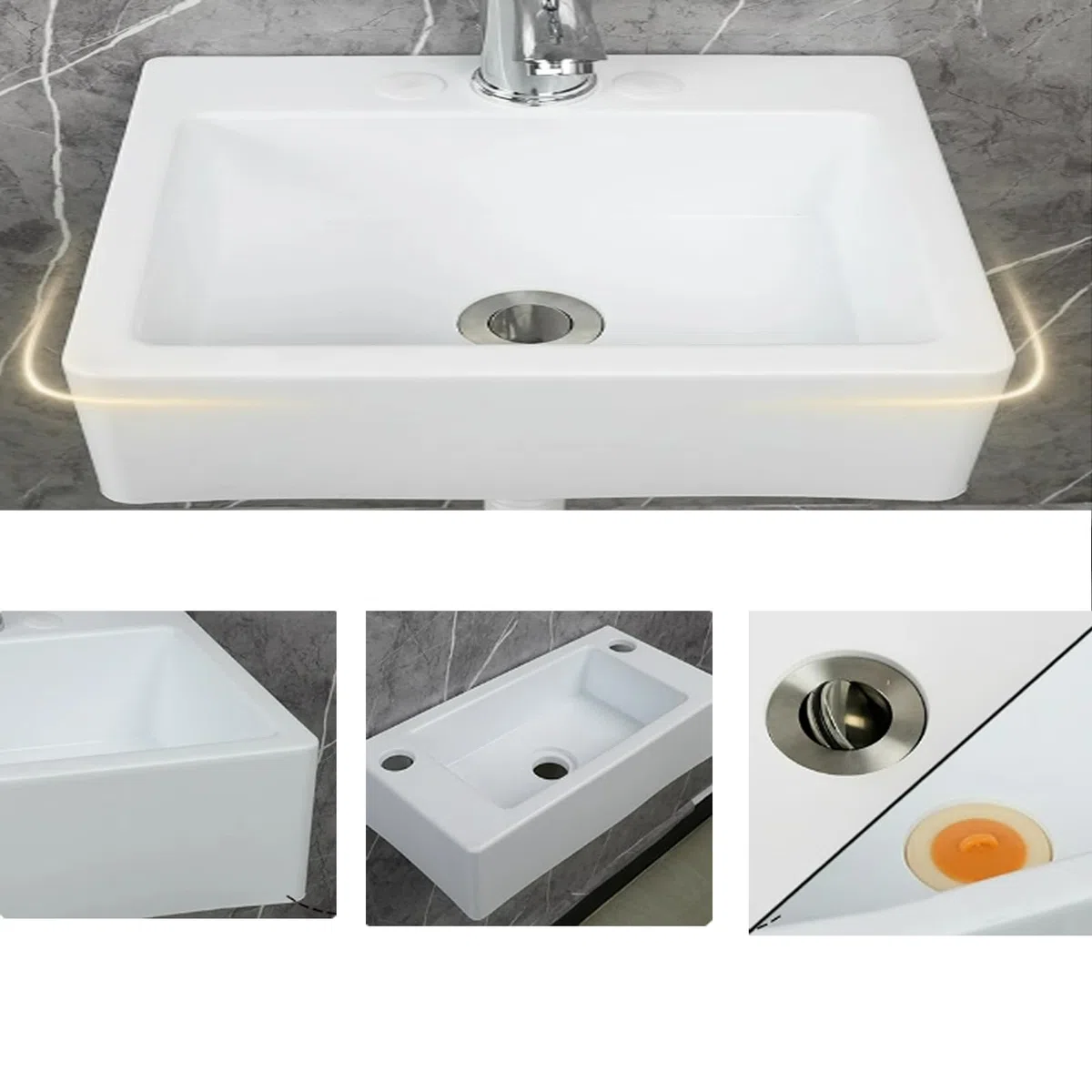 Fregadero rectangular simple, pequeño lavabo blanco, lavabo de plástico montado en la pared, blanco, apto para uso en interiores y exteriores [tubo de drenaje de cabeza de plástico de 75 cm]