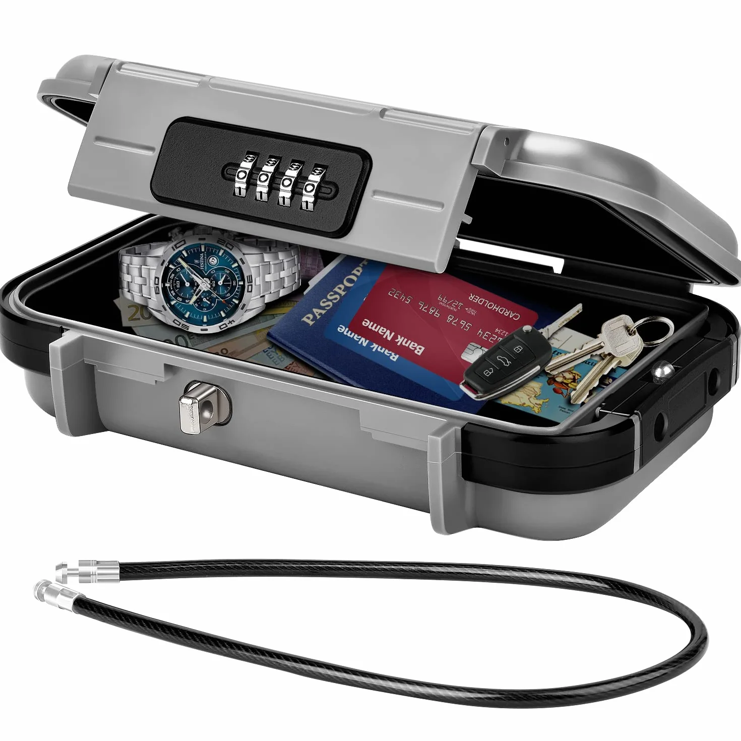 Caja Fuerte Portátil, Caja Seguridad Combinacion Caja Fuerte de Viaje con Cuerda de Alambre Extraíble Impermeable Mini Caja Fuerte para el Hogar, Oficina, Hotel, Viajes, etc. (Gris)