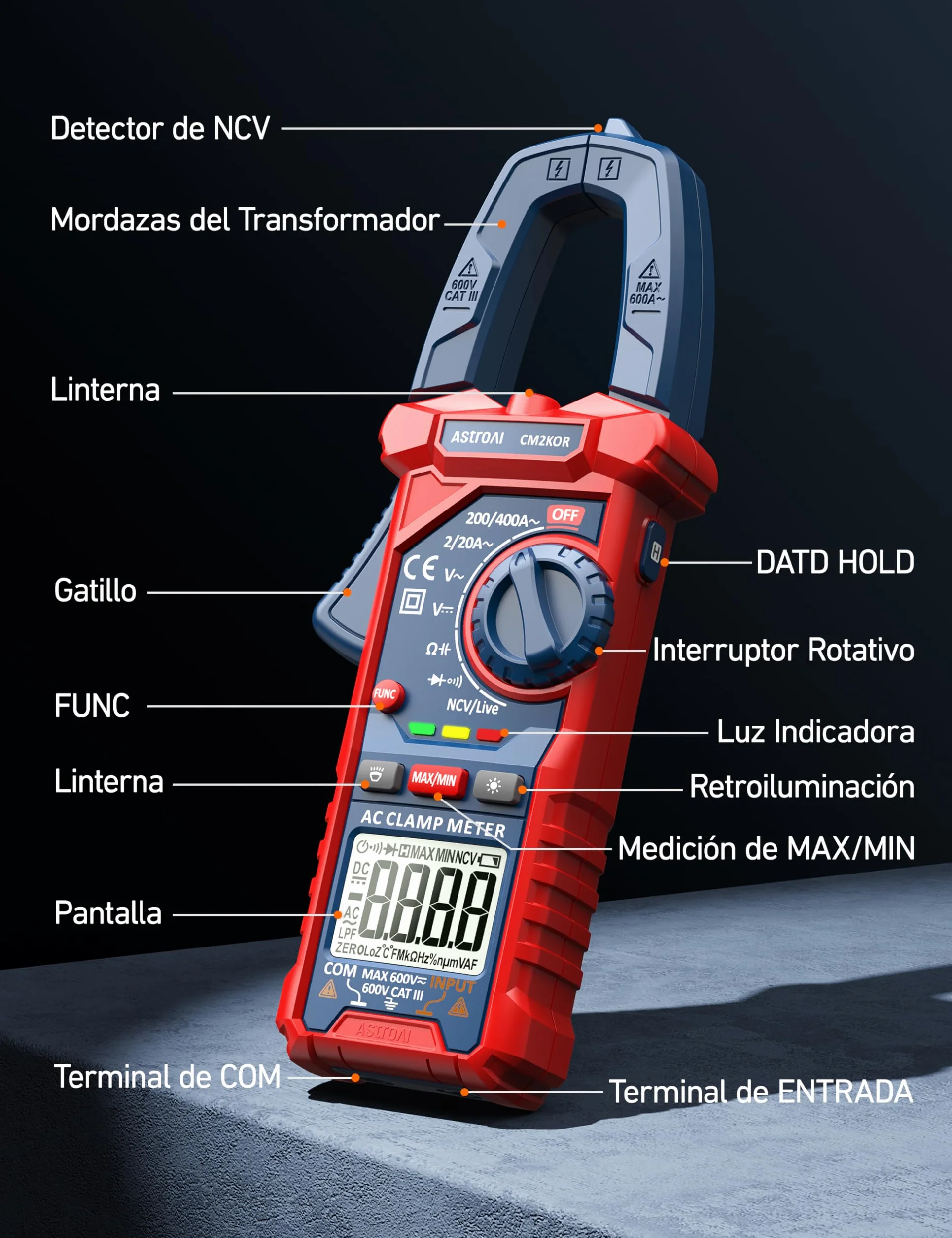 AstroAI Pinza Ampérimetrica, Multímetro Digital Profesional, Polímetro, Voltímetro, Tester para Corriente CA, Voltaje CA/CC, Resistencia, Frecuencia, Capacitancia, Continuidad, Diodos de Prueba