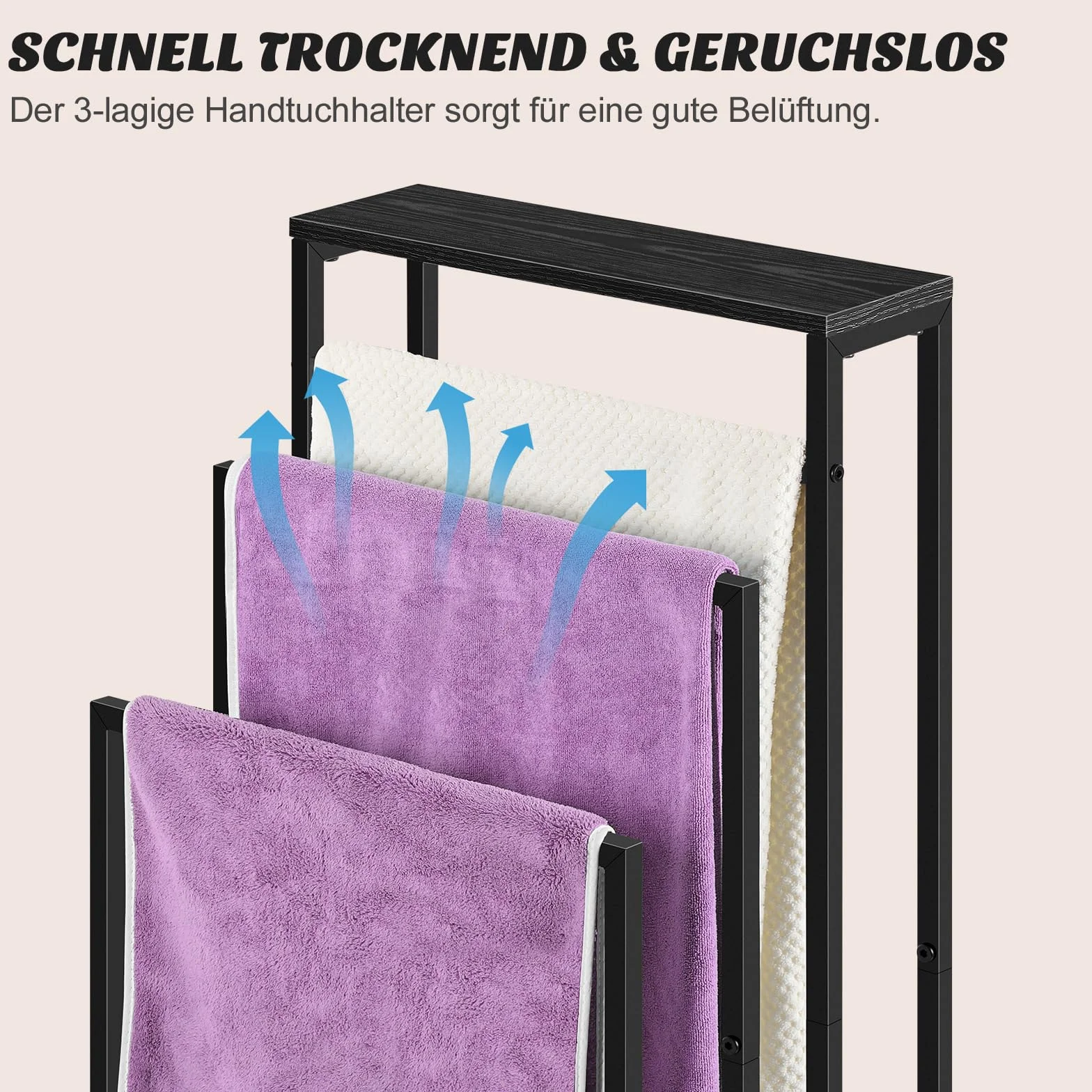 Toallero independiente de madera 3 niveles 40x30x82 cm para baño negro