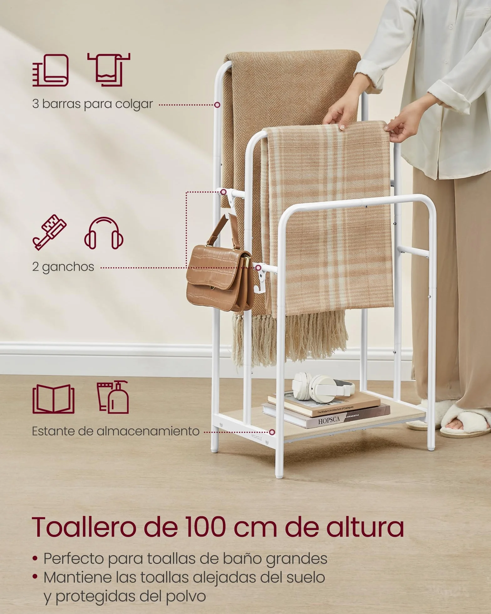 VASAGLE Toallero de Pie 3 Barras 50x30x100 cm Estante Almacenamiento Blanco Nube Beige Natural