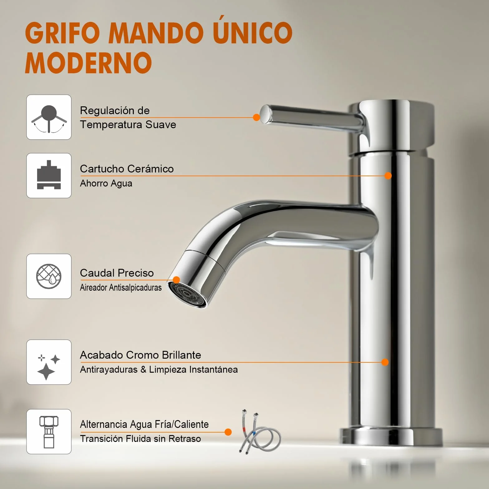 Ibergrif M11003 Grifo de Lavabo Monomando Acero Inoxidable Aireador Ahorro Agua Conexión G 3/8" Acabado Cromado