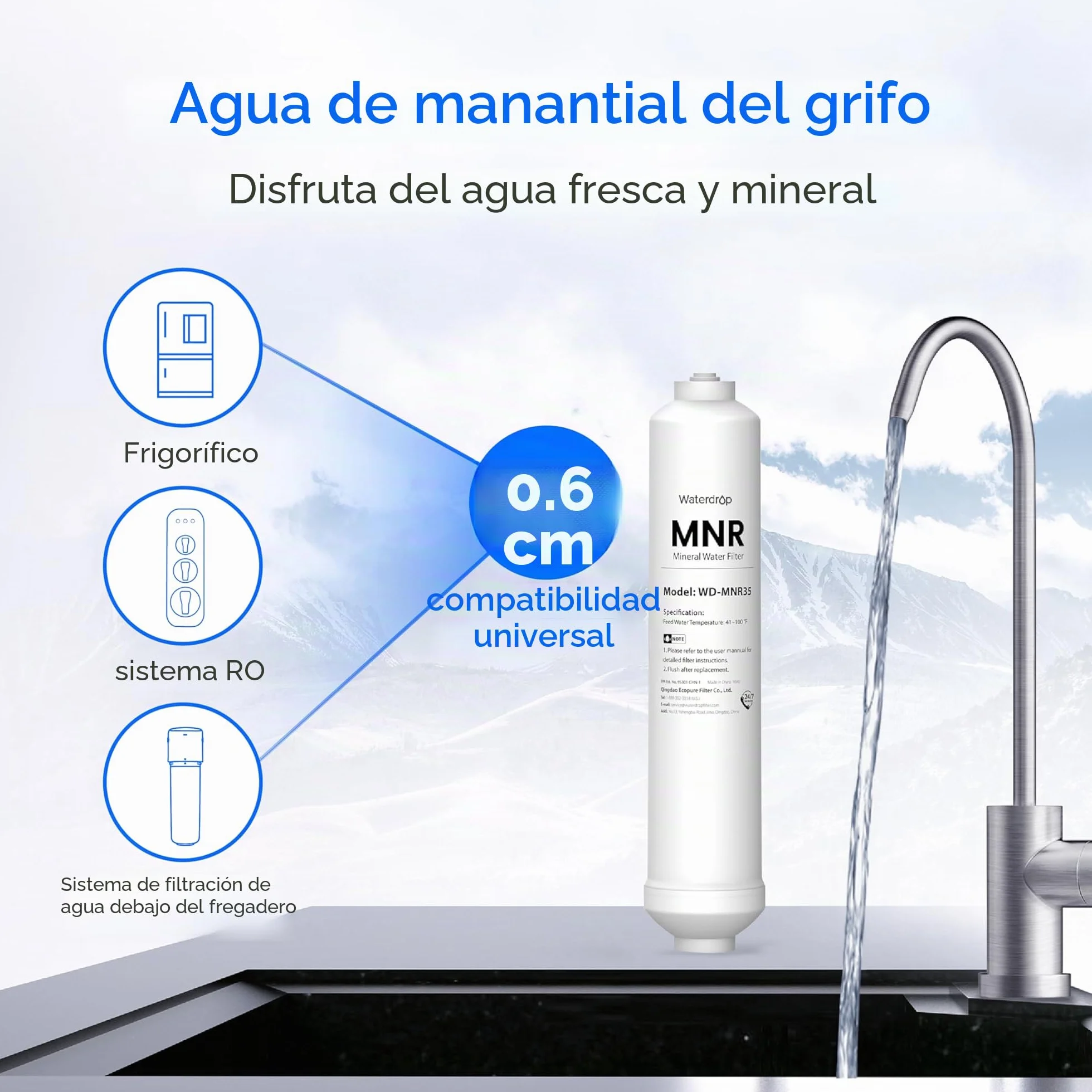 Waterdrop Filtro de Agua en Línea de Remineralización, Posfiltro de Conexión Rápida de 1/4" para Sistema de Filtro de Osmosis Inversa RO