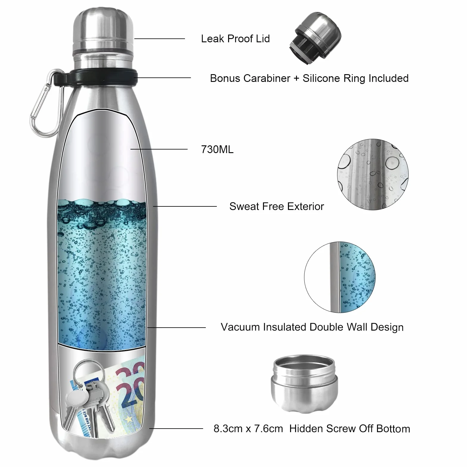 Botella de Agua Segura con Compartimento Oculto Secreto, Caja de Almacenamiento de Acero Inoxidable, Desenrosca la Parte Inferior para Guardar tus Objetos de Valor, Plata 730ml