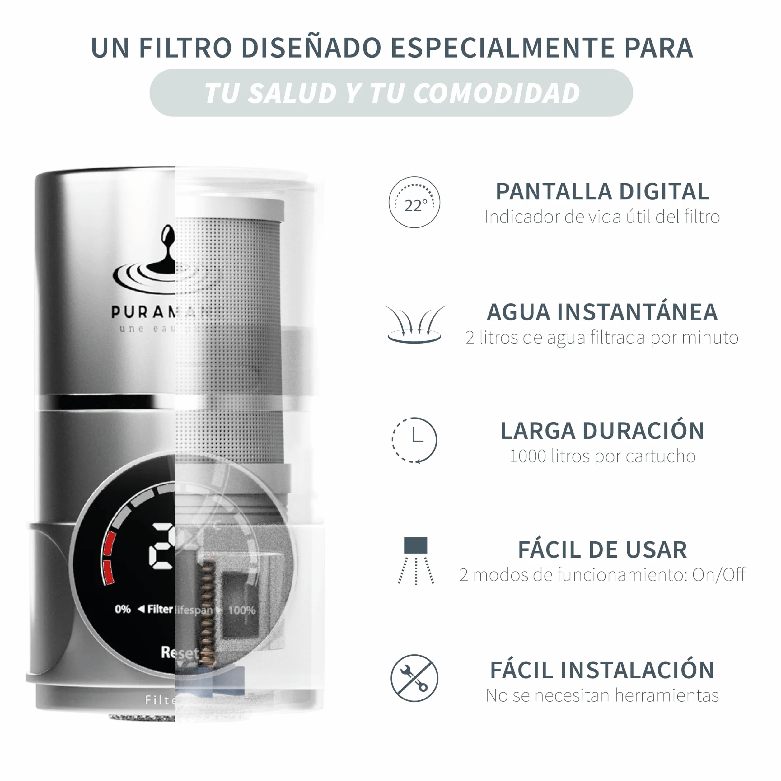 Filtro Agua Grifo con Pantalla Digital, Purificador de Agua Carbón Activado, Filtro UV, 1000 Litros