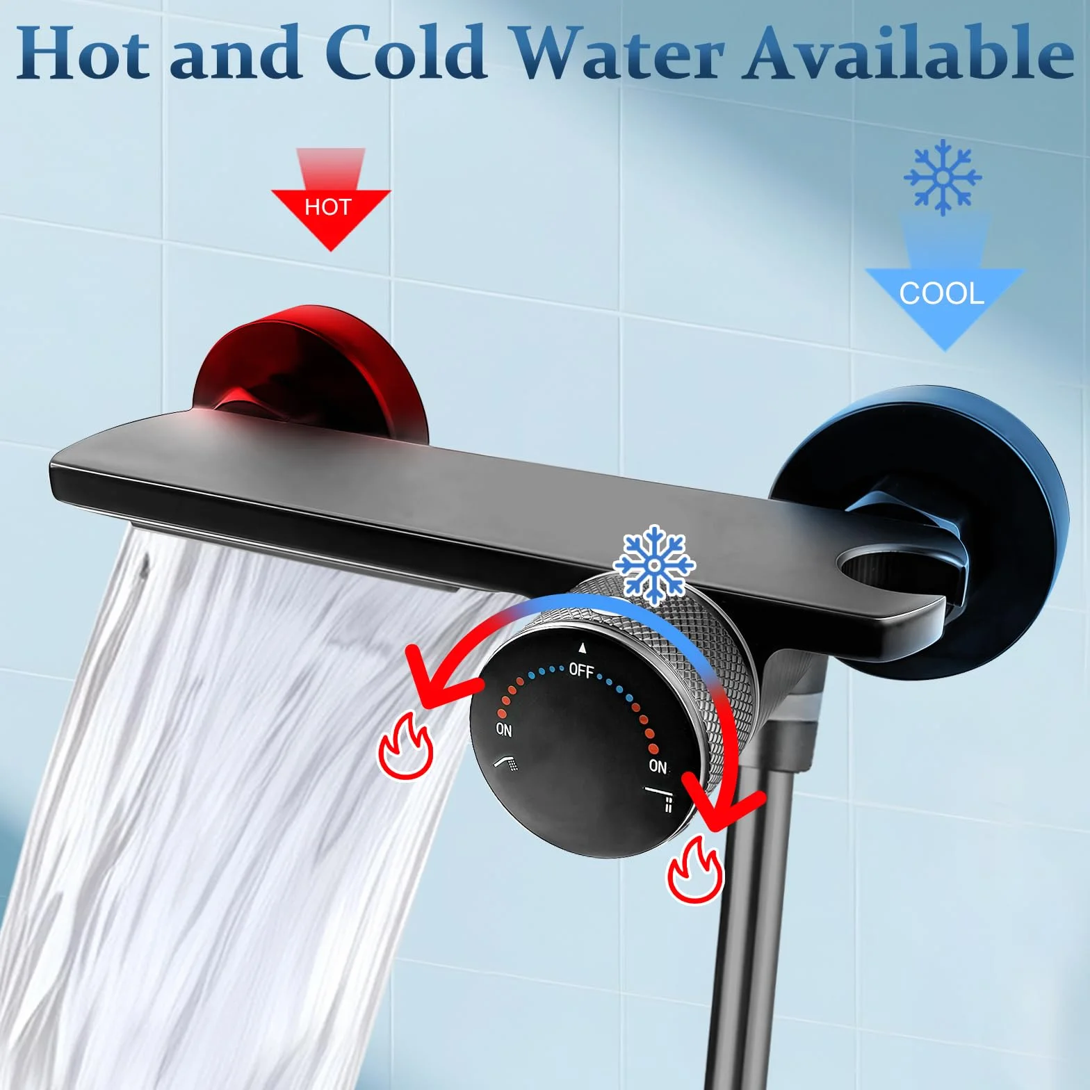 Grifo para Bañera y Ducha con Alcachofa de Mano, Grifo Bañera en Cascada de Latón Monomando Mezclador Ducha Montado en La Pared con Manguera de Acero Inoxidable 1.5m y Soporte (Negro)