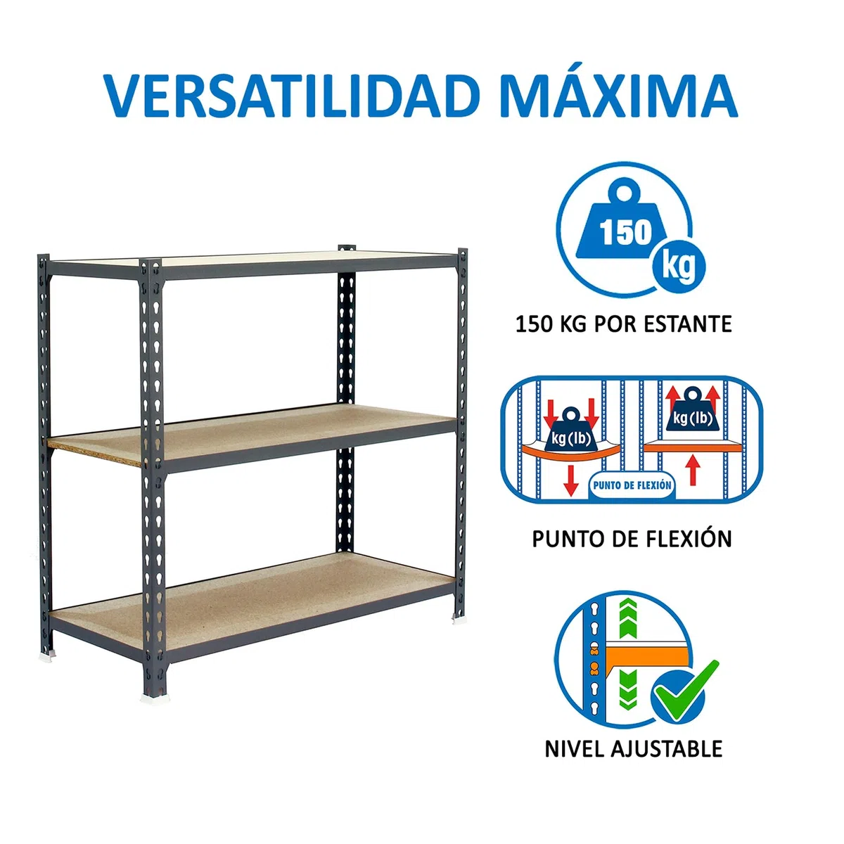 Simon Rack Estanterias Metalicas, 1000x800x400 mm, 3 Baldas de Madera, 150 kg de Punto Flexión, Estanterias Almacenaje, Gris/Madera - Maderclick
