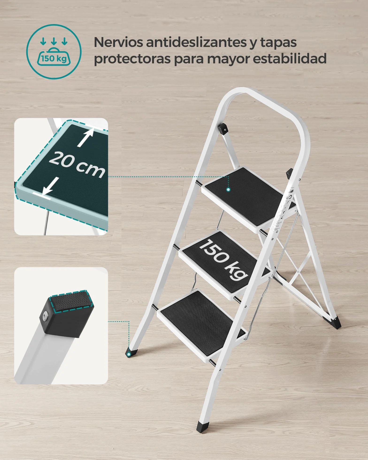 SONGMICS Escalera de Tijera 3 Peldaños Plegable 150 kg Blanco GSL03WT