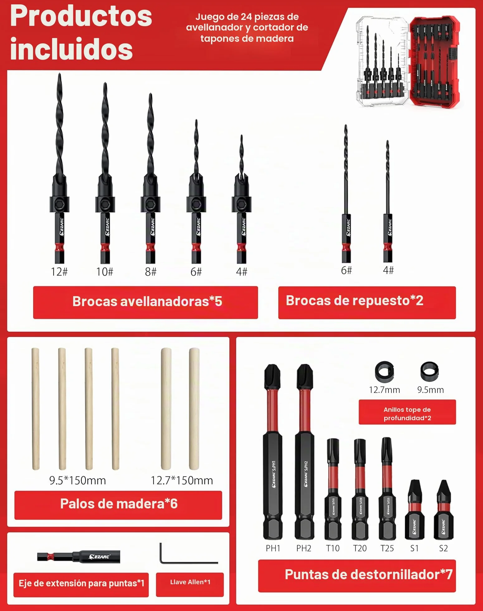 EZARC Set de brocas avellanadoras,24 piezas.Incluye brocas cónicas y 6 palitos de madera.Vástago hexagonal de 1/4",cambio rápido.Ideal para trabajos de carpintería.Caja de almacenamiento incluida.