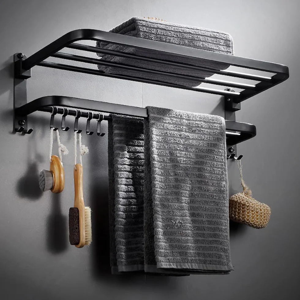 Toallero Montado Pared Plegable 2 Niveles con 5 Ganchos Sus 304 Acero Inoxidable Negro 23 Pulgadas
