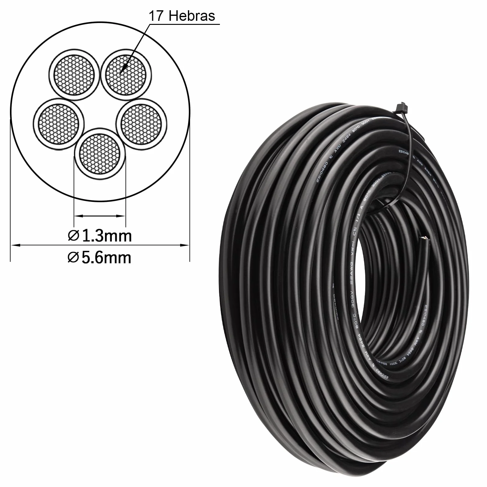 20 M Cable 5 Hilos 22AWG Cable Manguera 5 Hilos 5x0,3mm² UL2464 Verzinntes Kupferkabel Schwarz PVC ummantelt Adecuado para Circuitos de Alimentación de Equipos Pequeños