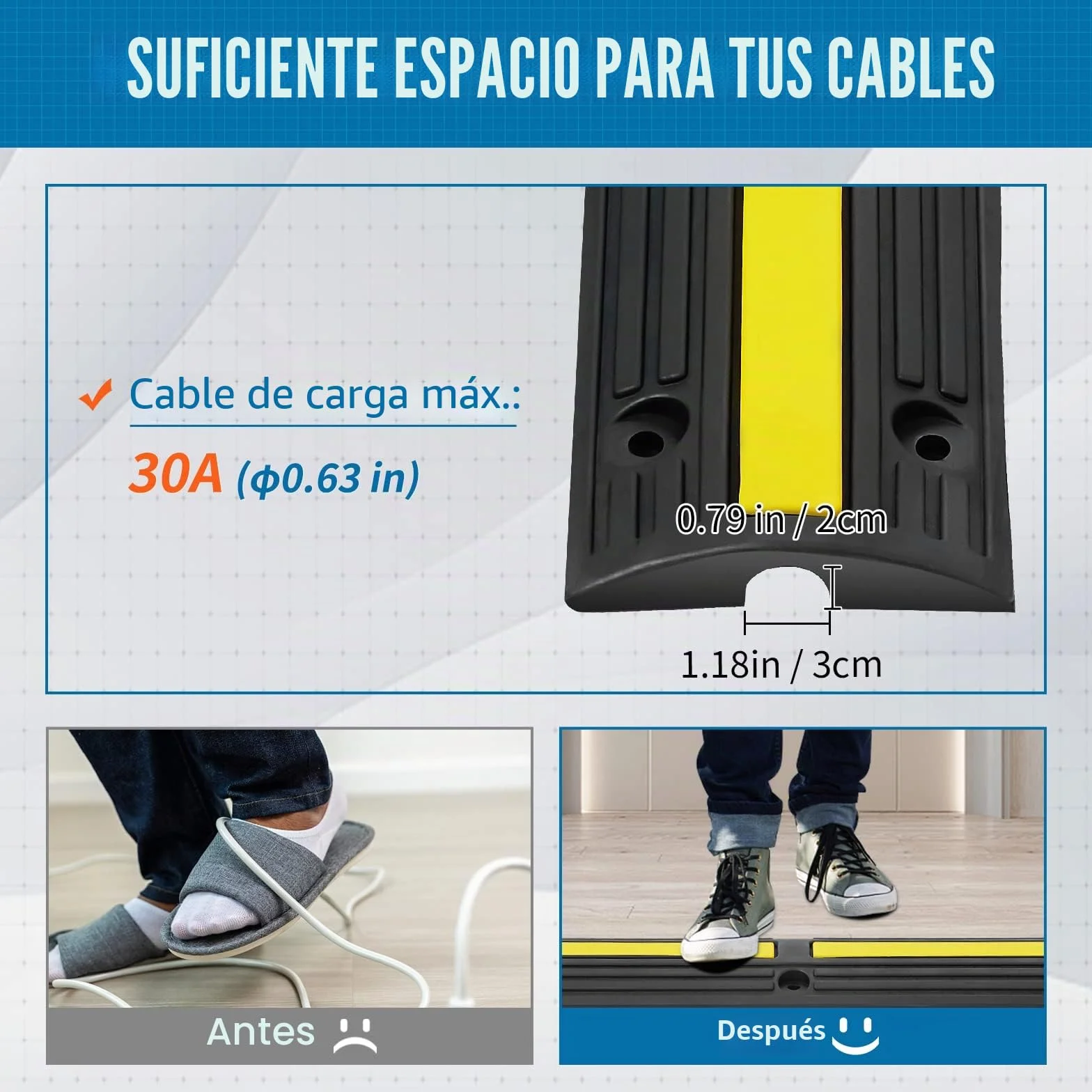 VEVOR Rampa de Protección de Cable 4 Piezas 1 Vía Canaleta Pasacables de Suelo Canal de 3x2 cm Protector de Cables de Goma Capacidad de Carga 8164kg/eje Cubiertas de Suelo para Cables Negro y Amarillo