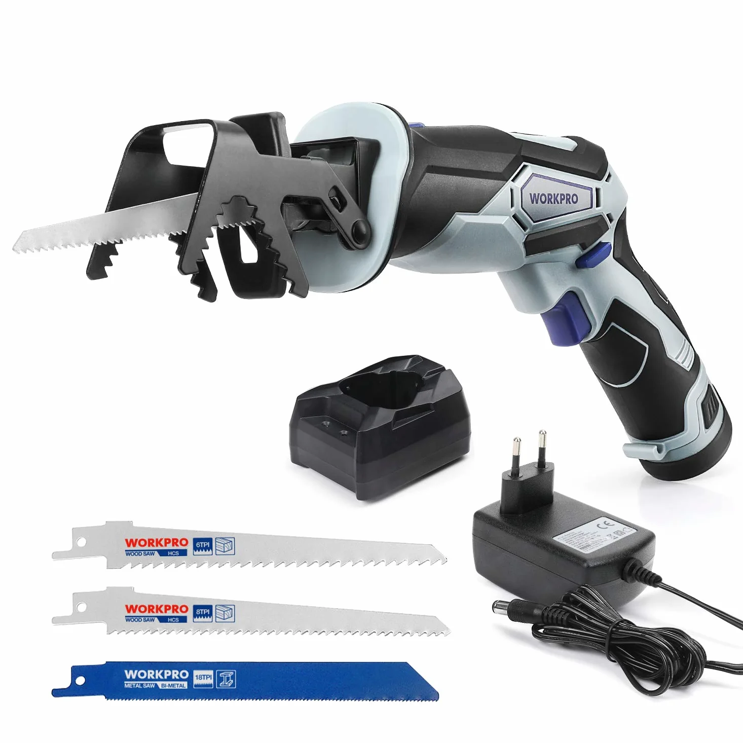 WORKPRO Sierra Sable Inalámbrica, Sierra Alternativa 12 V con Batería de 2000 mAh, Velocidad Variable hasta 2900 rpm, Carga Rápida, Podadora Inalámbrica con 3 Hojas de Sierra para Madera y Metal