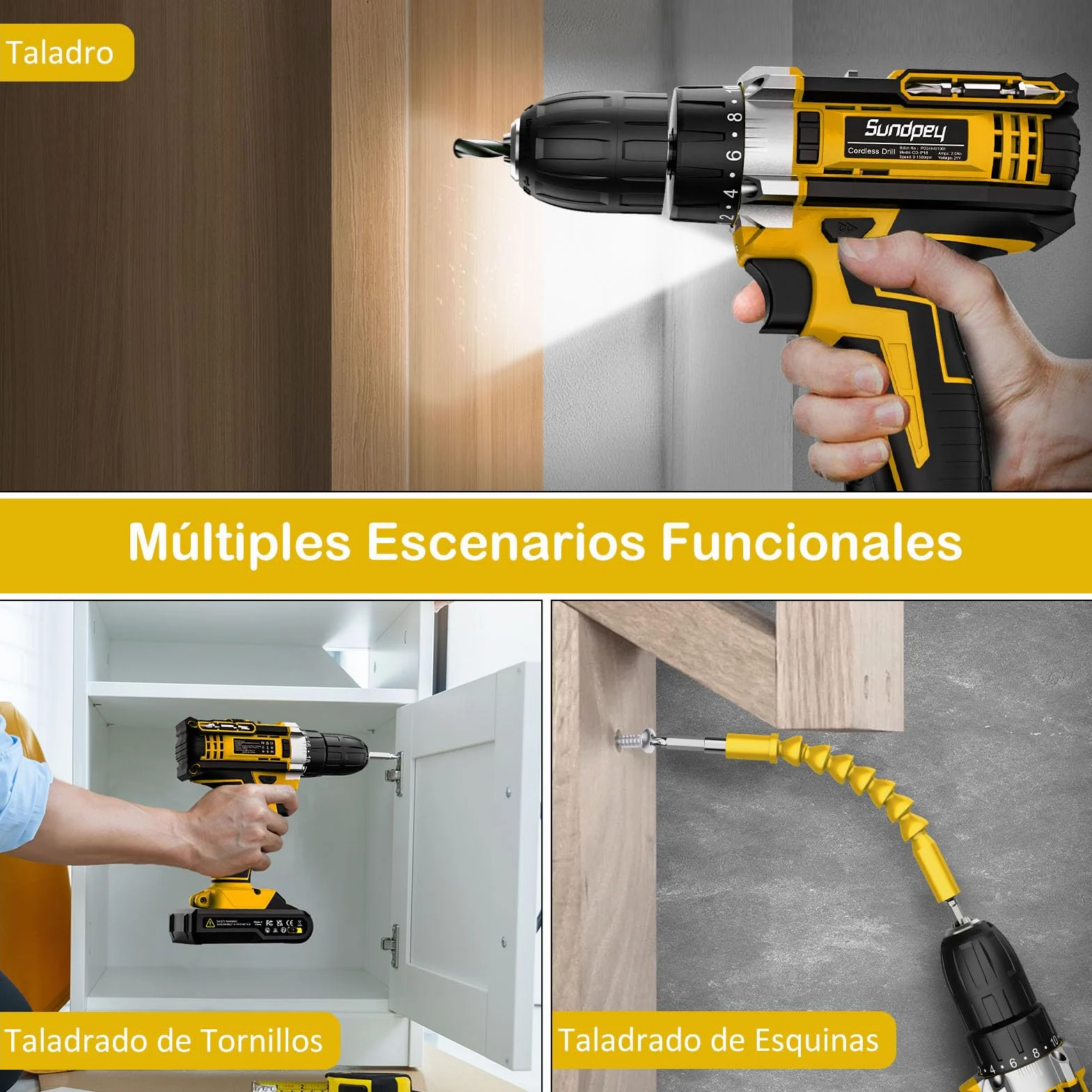 Sundpey Taladro Atornillador Bateria 21V - 45N.m Max Taladro Atornillador Electrico Inalámbrico con 2 Baterías de 2.0Ah, 18+1 Ajuste de Par, 2 Velocidad, Portabrocas de 10mm, LED para Hogar, Bricolaje