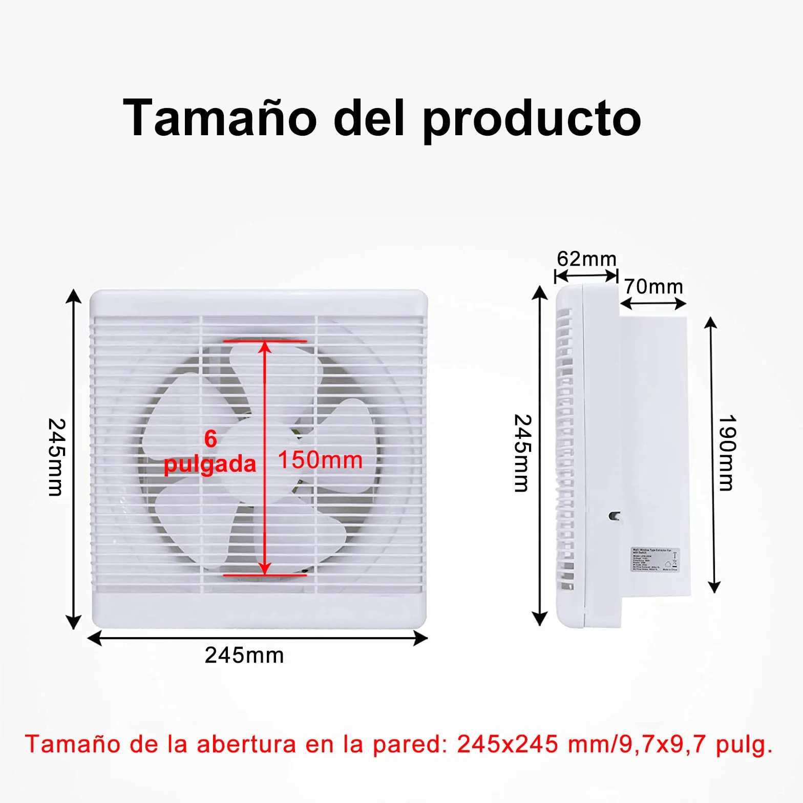 HUGOOME Ventilador de baño de Tamaño abierto 200 * 200mm, 300m³/h 25W Ventilador de pared reversible de dos vías Ventilación, para Cocina Ático Ventana Garaje (Sin enchufe)