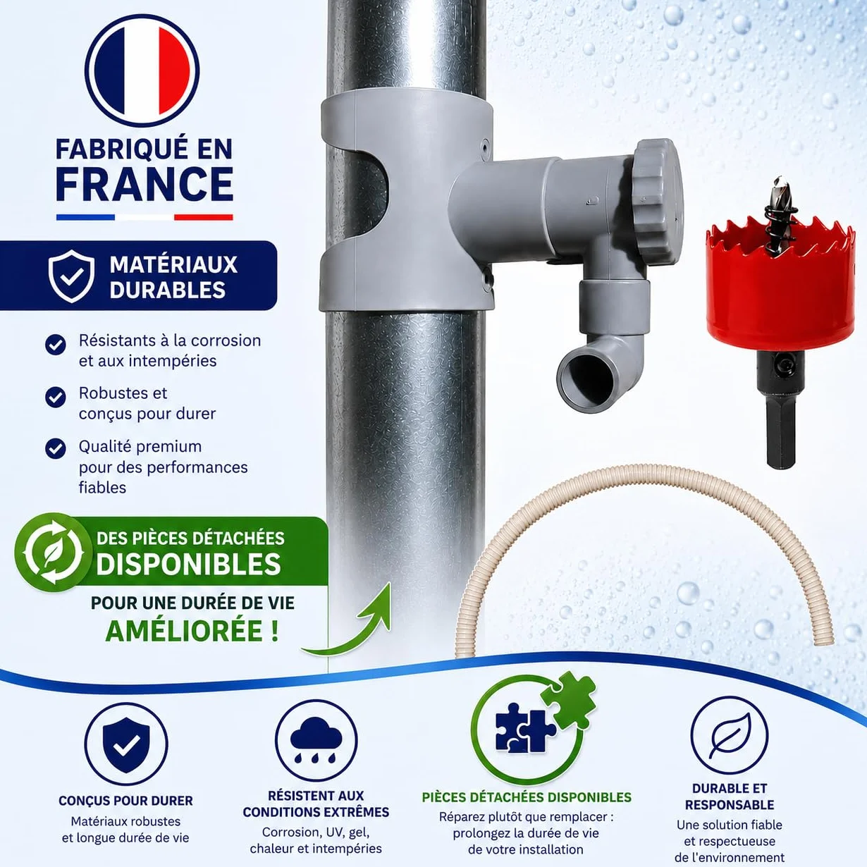 Capt'eau Recuperador de Agua de Lluvia para conductos Circulares Gris 60 cm Manguera Sierra Campana Premium BI Metal