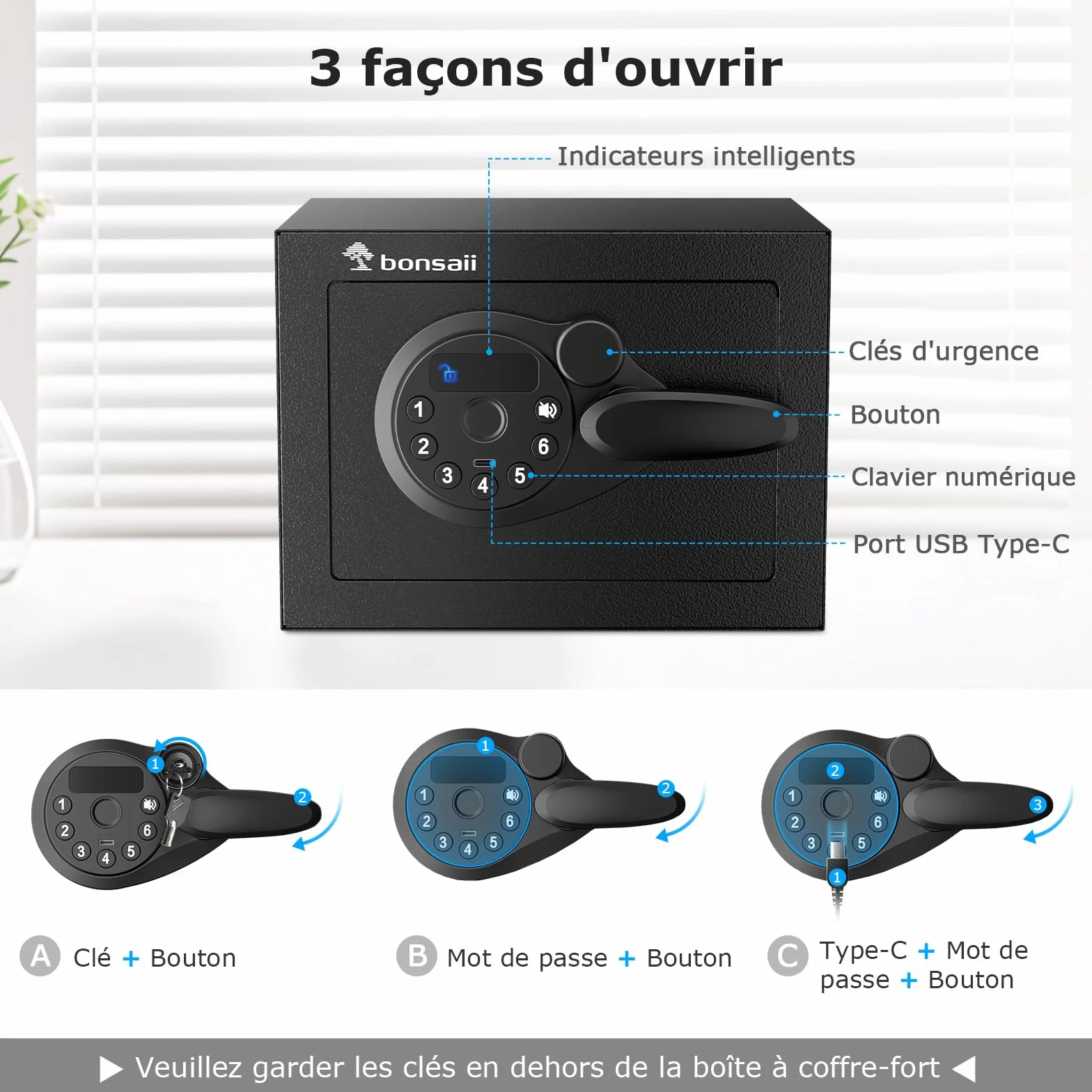 Bonsaii Caja Fuerte Mini 6.6L Pantalla LED Teclado Electrónico Llave Acero USB Respaldo Oficina Hogar Hotel