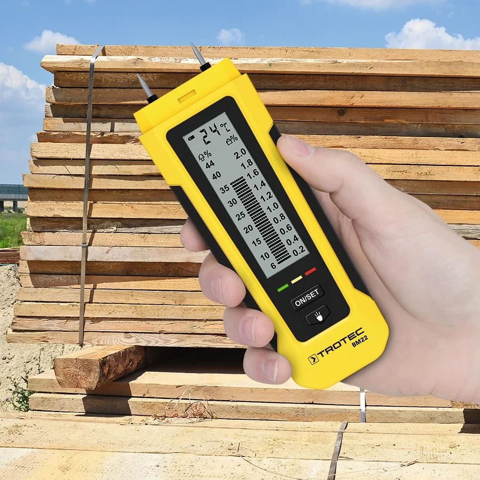 TROTEC Medidor de Humedad de la Madera, Temperatura y Materiales BM22, Linterna LED, Portátil, Indicador de Humedad LED, Portátil, Clip para Bolsillo