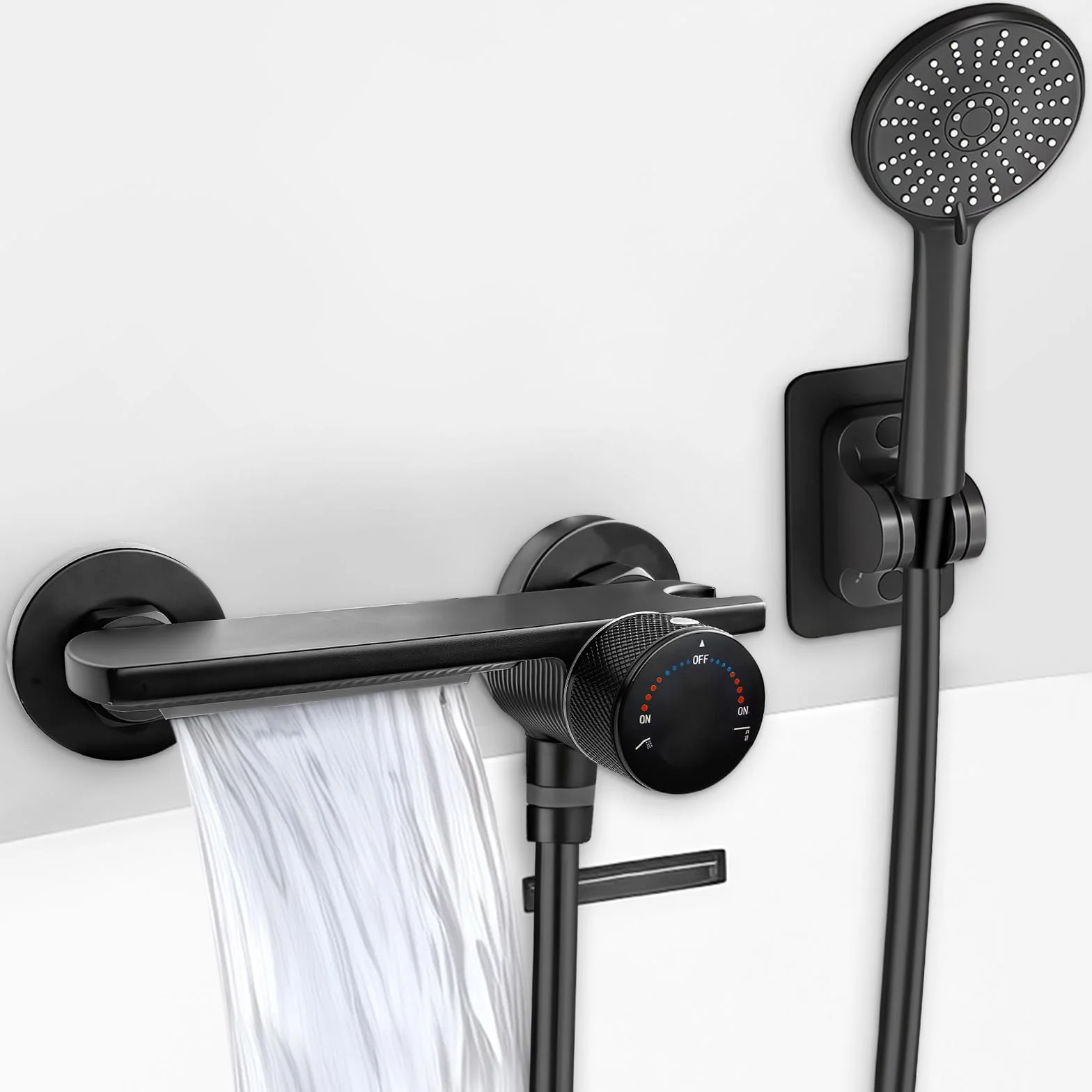 Grifo para Bañera y Ducha con Alcachofa de Mano, Grifo Bañera en Cascada de Latón Monomando Mezclador Ducha Montado en La Pared con Manguera de Acero Inoxidable 1.5m y Soporte (Negro)