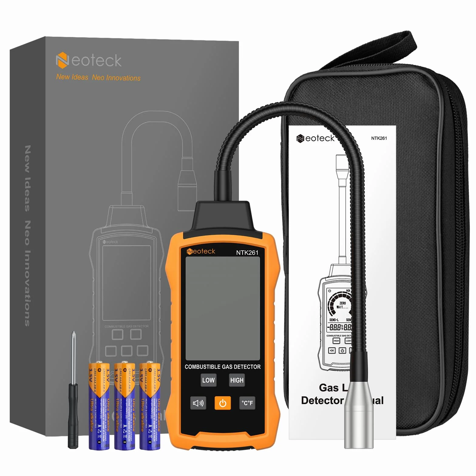 Neoteck Detector de Gas Natural Detector de Fugas de Gas con Sonda Flexible de 12 Pulgadas Detector de Gas Combustible con Alarma Audible y Visual para Vivienda Caravana Estufa Gasoducto