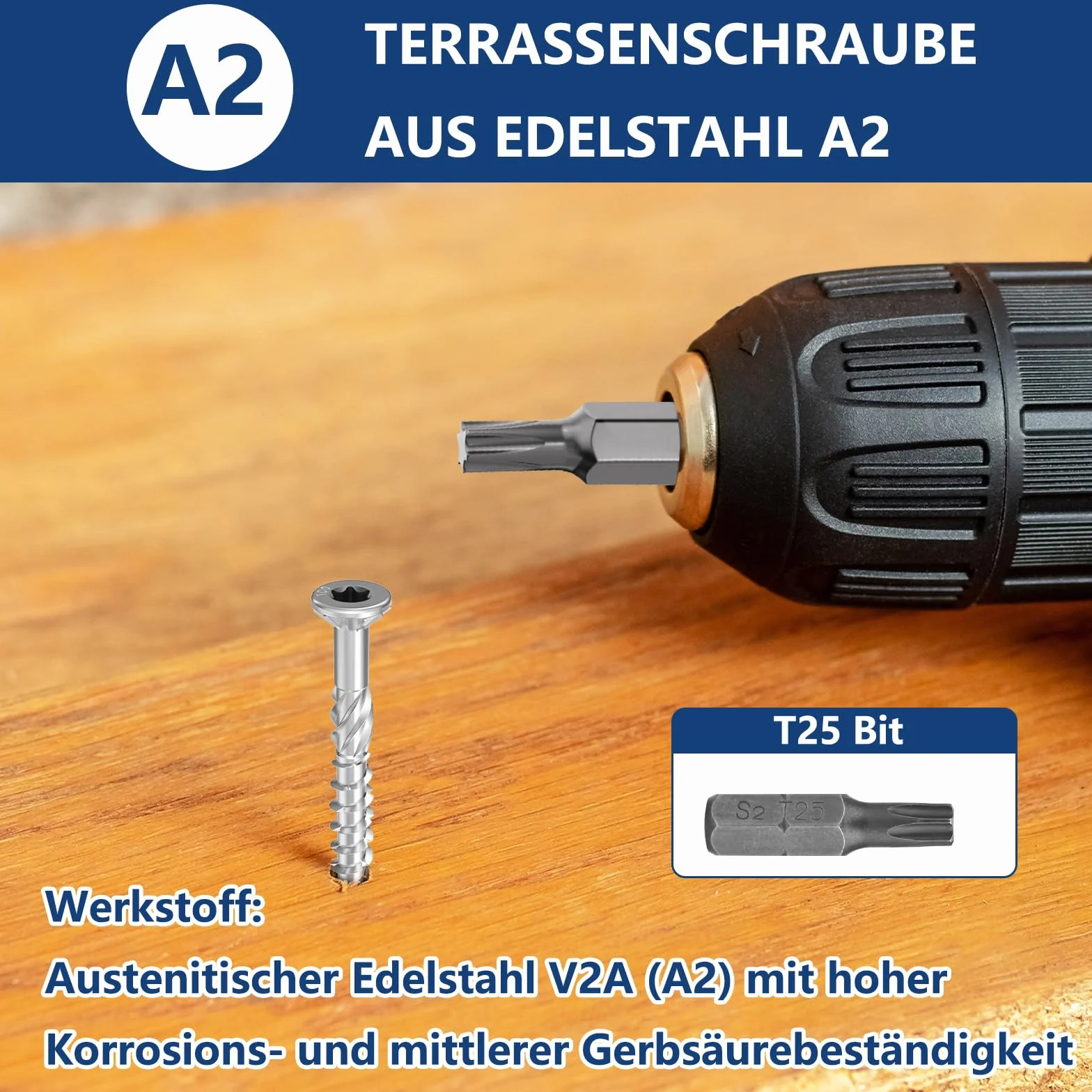 TCO Tornillos para terraza de acero inoxidable A2, 5,0 x 60 mm, 500 unidades, incluye S2 Bit, TX 25, cabeza avellanada, diente de sierra, punta de corte, tornillos para terrazas para exteriores