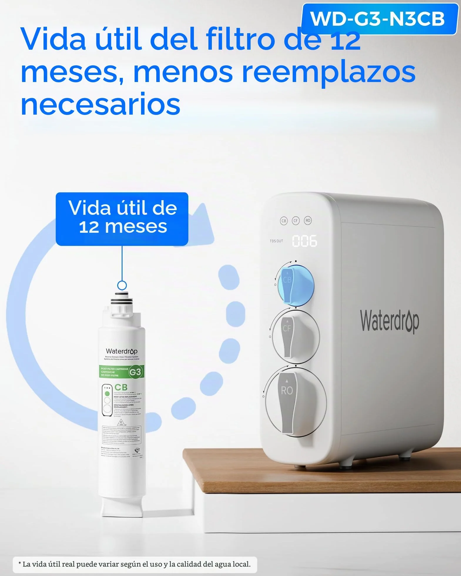 Waterdrop Filtro WD-G3-N3CB de repuesto para sistema de ósmosis inversa WD-G3-W, 1 año de vida útil