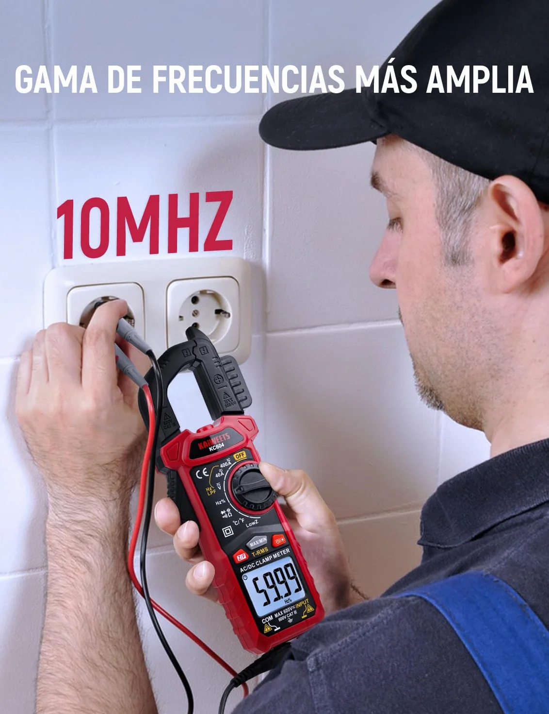 KAIWEETS Pinza Amperimétrica CA/CC, Pinza Multímetro para Medir Voltaje &Corriente CA/CC, Temperatura, Continuidad, NCV, Diode, con Linterna, Luz de Fondo, Mandíbula en Forma de D, KC604