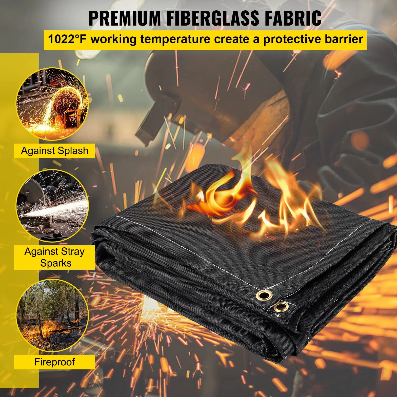 VEVOR Manta de Soldadura Ignífuga 2 Piezas 1,83 x 3,05 m Fibra de Vidrio Resistente al Calor 550 °C 8 Ojales Latón Negro