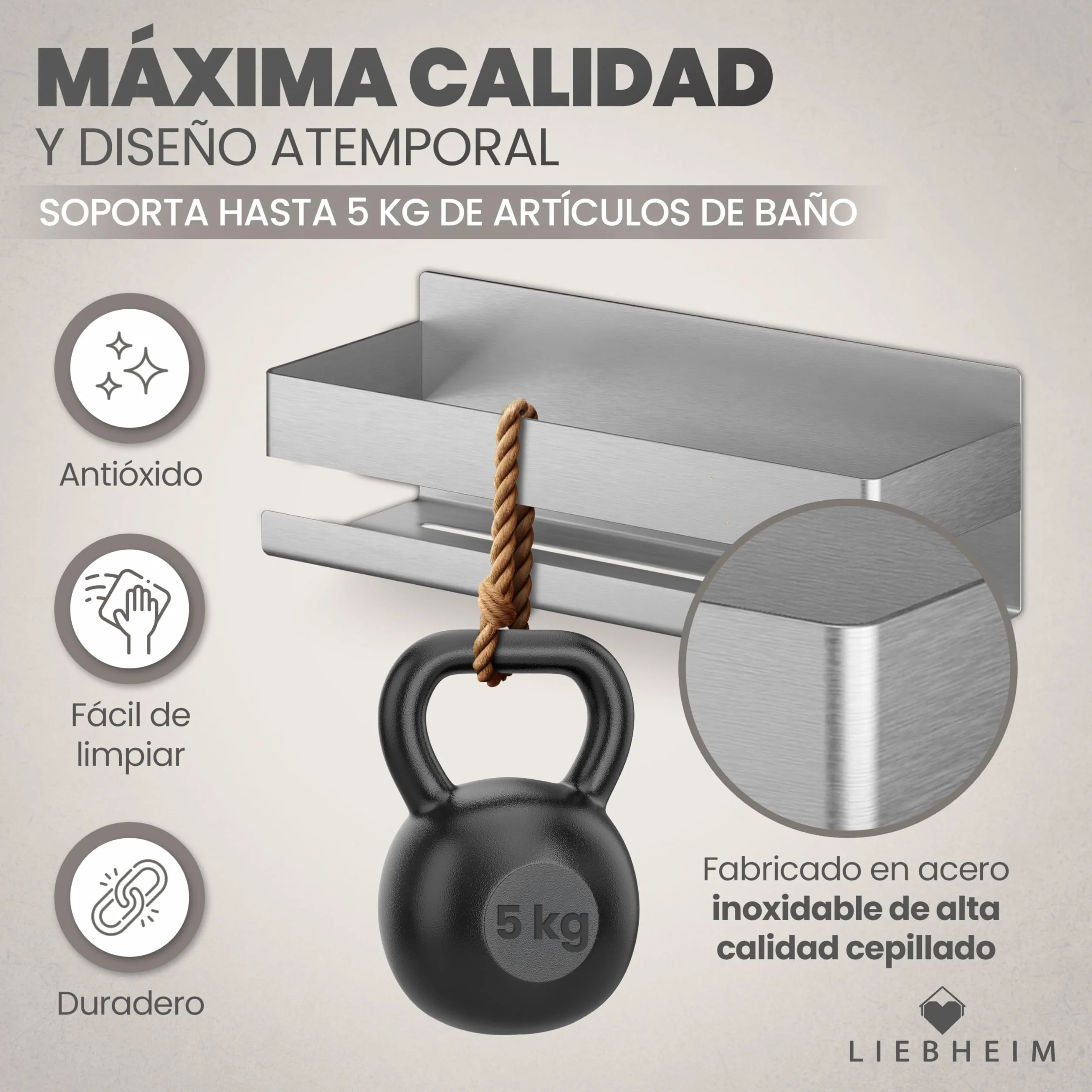 LIEBHEIM Estante de Ducha Cesta de Ducha Estante de baño sin taladrar - fijación Super Fuerte Gracias a la Cinta Adhesiva de Montaje - Acero Inoxidable S304 - Macizo (Acero Inoxidable Cepillado)