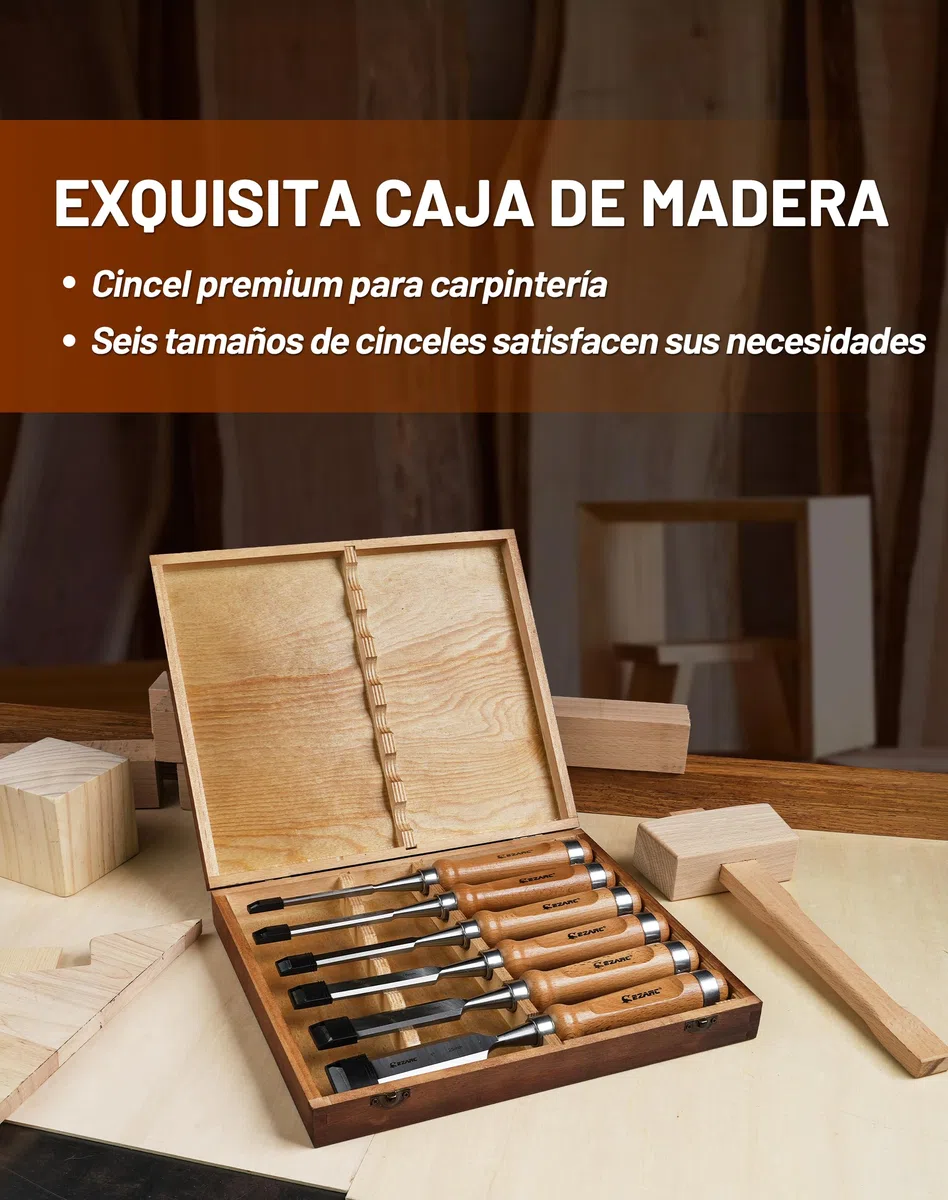 EZARC Juego de 6 Cinceles para Madera, Acero Cromo-Vanadio y Mango de Madera con Estuche de Madera