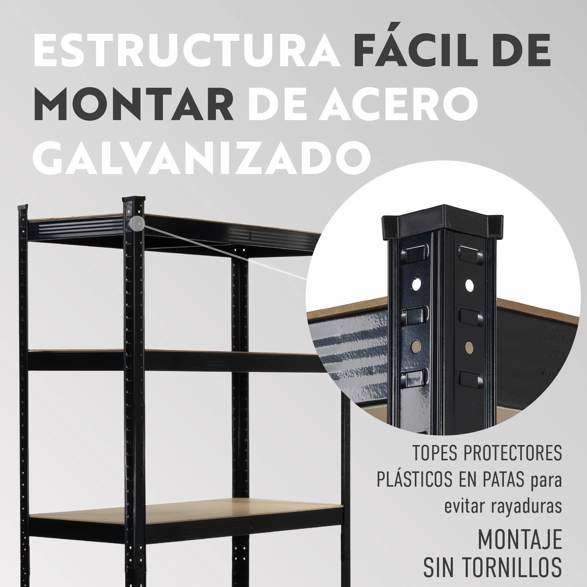 Estantería Metálica de Almacenaje Acero Galvanizado + 5 baldas MDF Ajustables - 180x90x40 cm - Capacidad 875 kg - Sin Tornillos - Garaje, Almacén, Trastero (Negro)