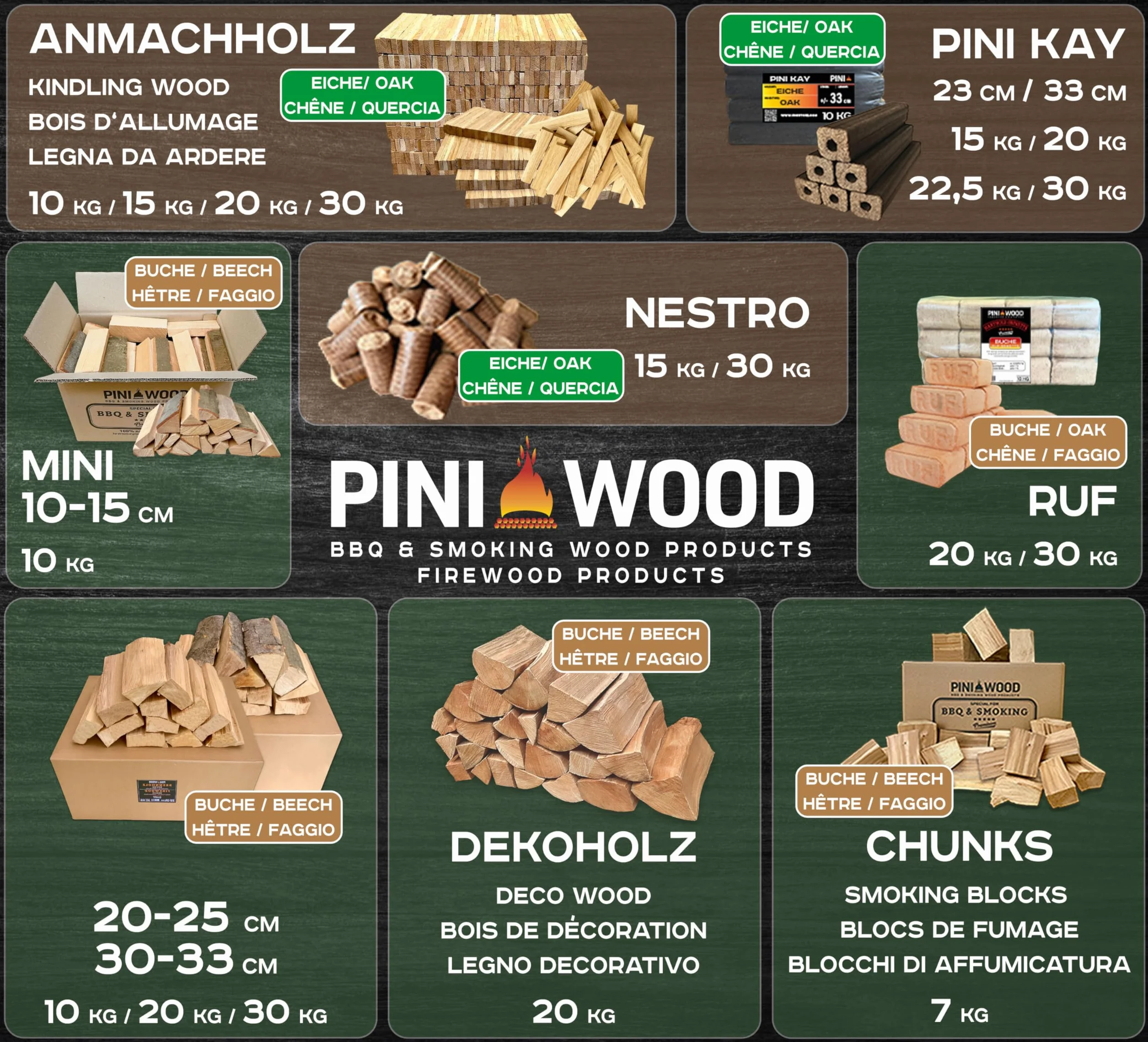 PINI Briquetas de madera dura, 100% roble, 15 kg, chimenea, estufa, leña, barbacoa, briquetas de roble con larga duración de combustión