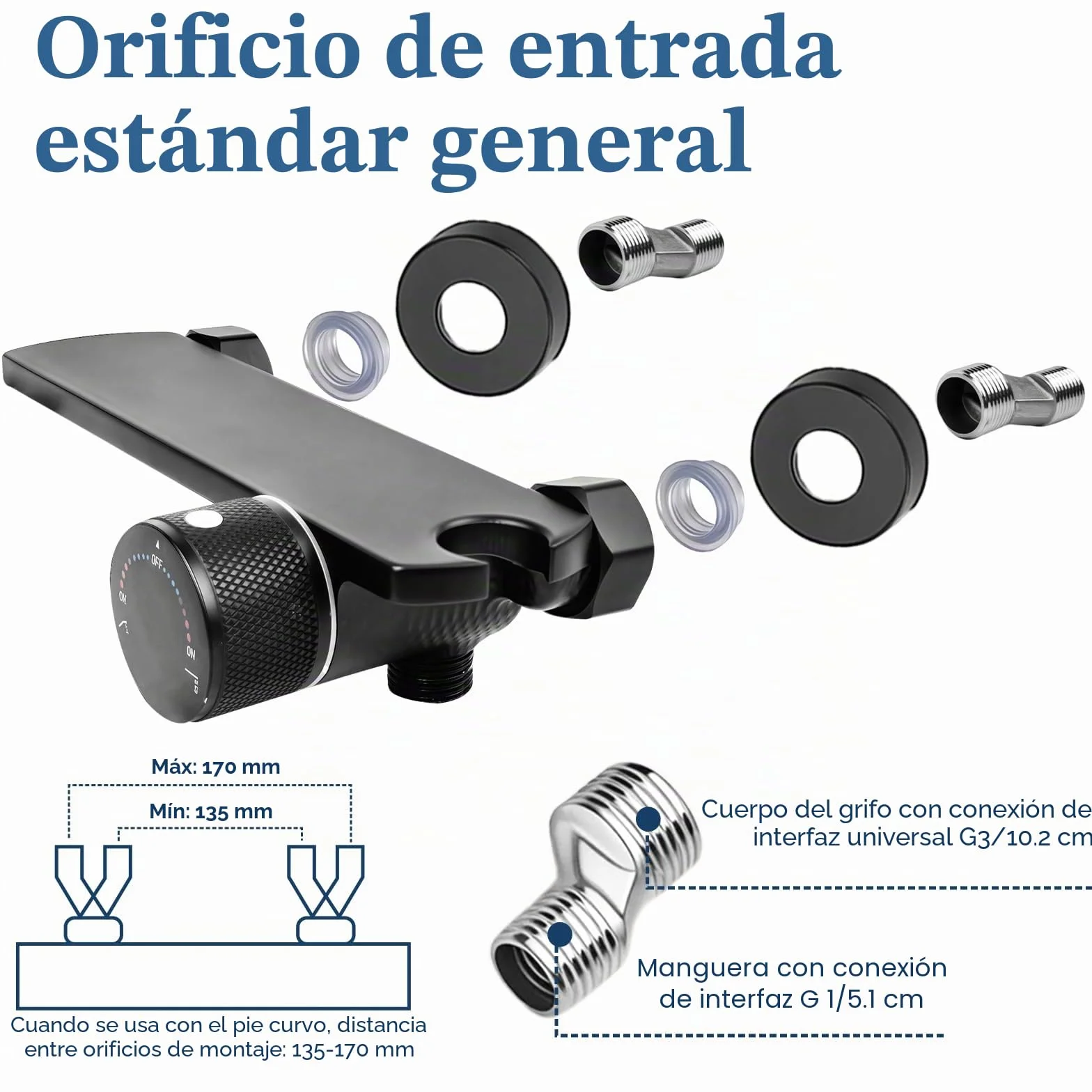 Grifo para Bañera y Ducha con Alcachofa de Mano, Grifo Bañera en Cascada de Latón Monomando Mezclador Ducha Montado en La Pared con Manguera de Acero Inoxidable 1.5m y Soporte (Negro)