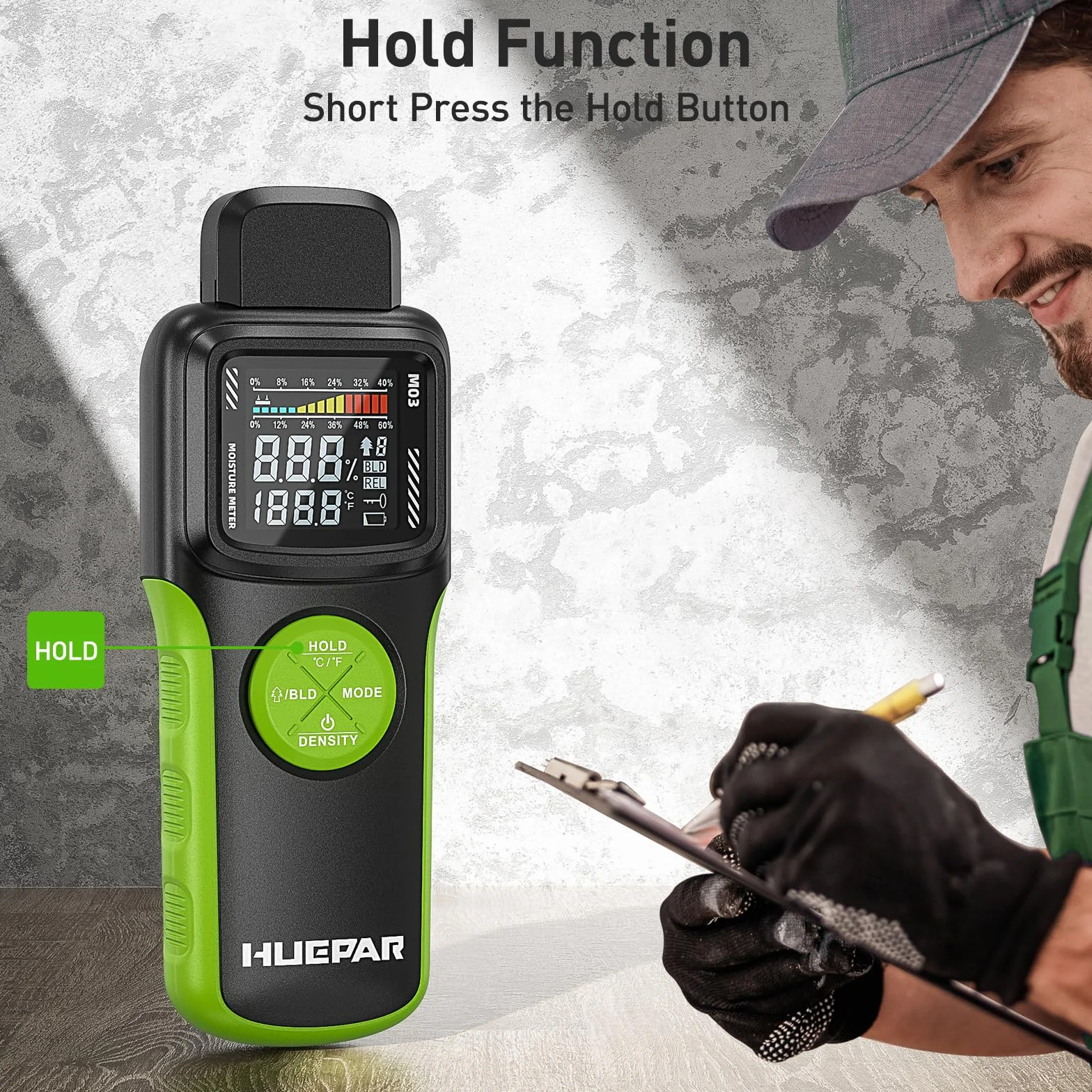 Huepar Medidor de Humedad de Madera con Pin/Sin Pin, Detector de Fugas de Agua con 2 Modos de Medición para Madera y Construcción -Pantalla LCD Retroiluminada, Contenido de Humedad Alto-Medio-Bajo M03