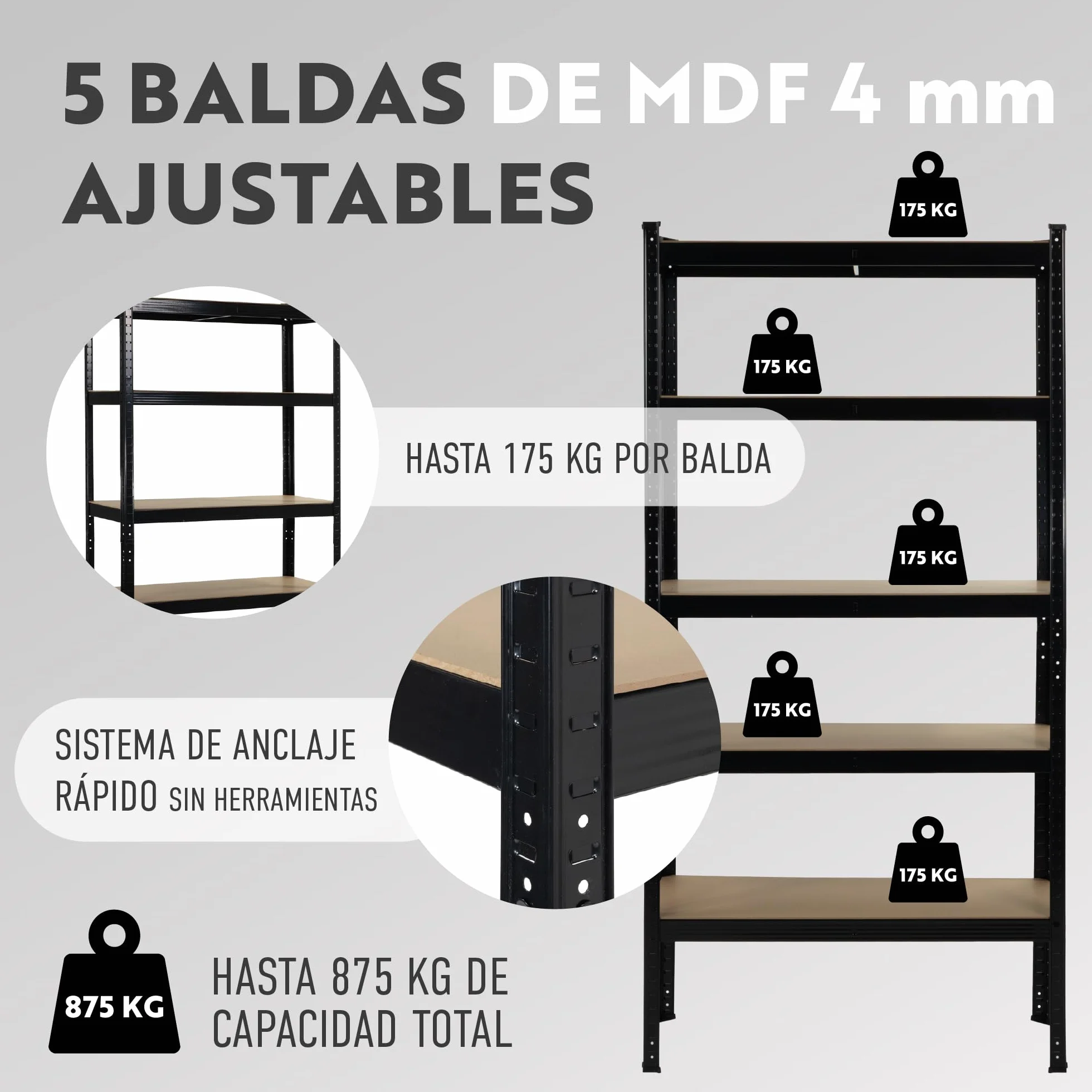 Estantería Metálica de Almacenaje Acero Galvanizado + 5 baldas MDF Ajustables - 180x90x40 cm - Capacidad 875 kg - Sin Tornillos - Garaje, Almacén, Trastero (Negro)