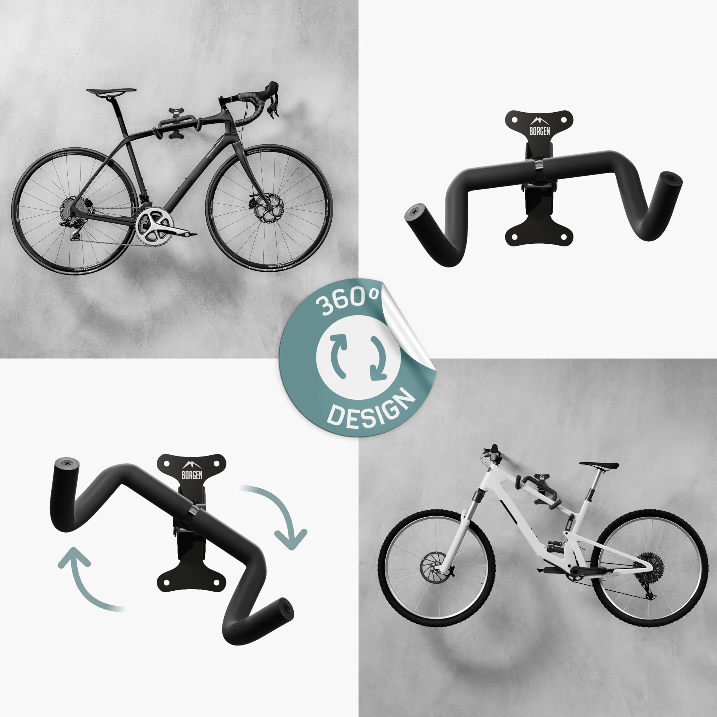 Borgen Soporte de Pared para Colgar Bicicletas - Ángulo y Distancia Ajustables, para Bicicleta de Carreras, Plegable, MTB - Acolchado Extra Suave