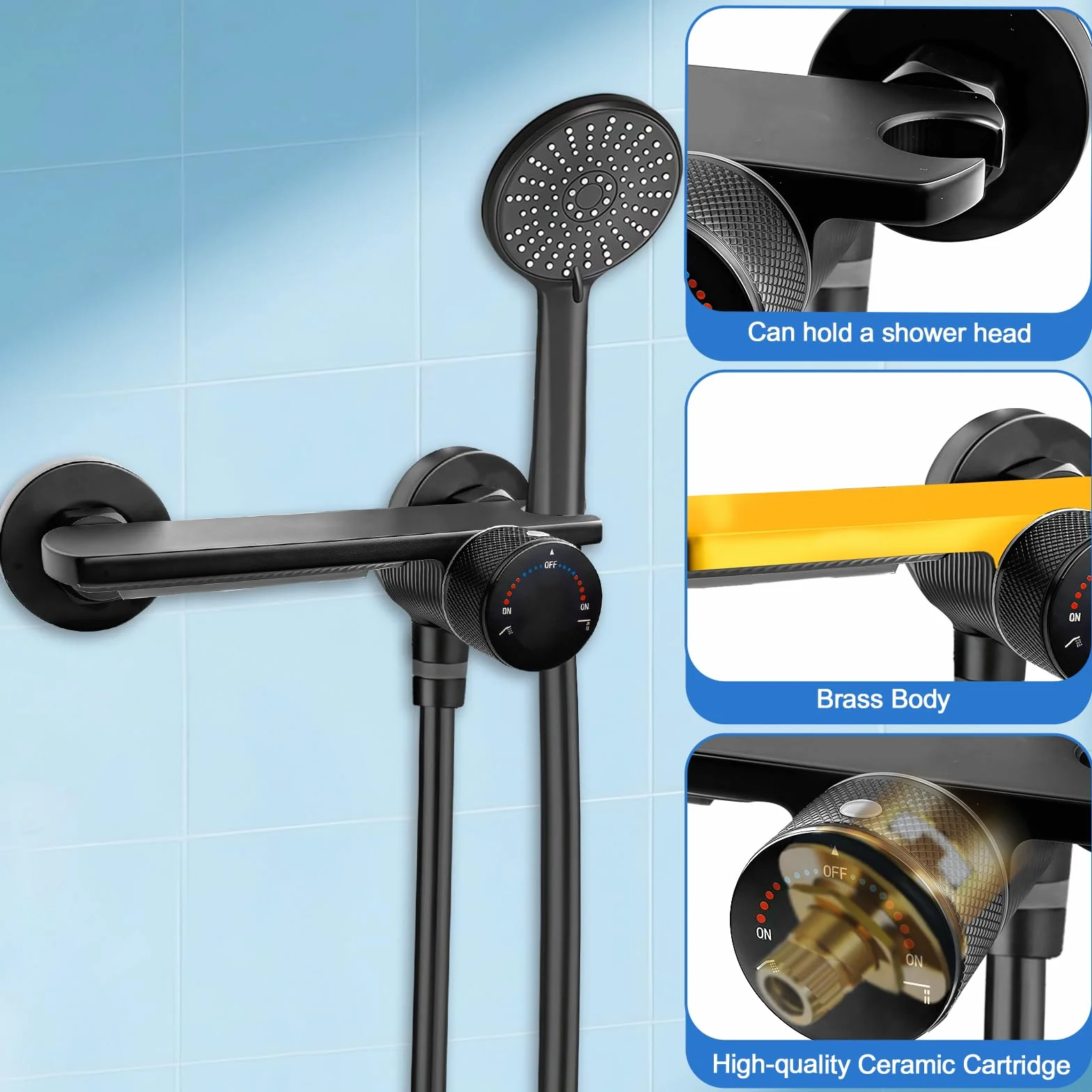 Grifo para Bañera y Ducha con Alcachofa de Mano, Grifo Bañera en Cascada de Latón Monomando Mezclador Ducha Montado en La Pared con Manguera de Acero Inoxidable 1.5m y Soporte (Negro)
