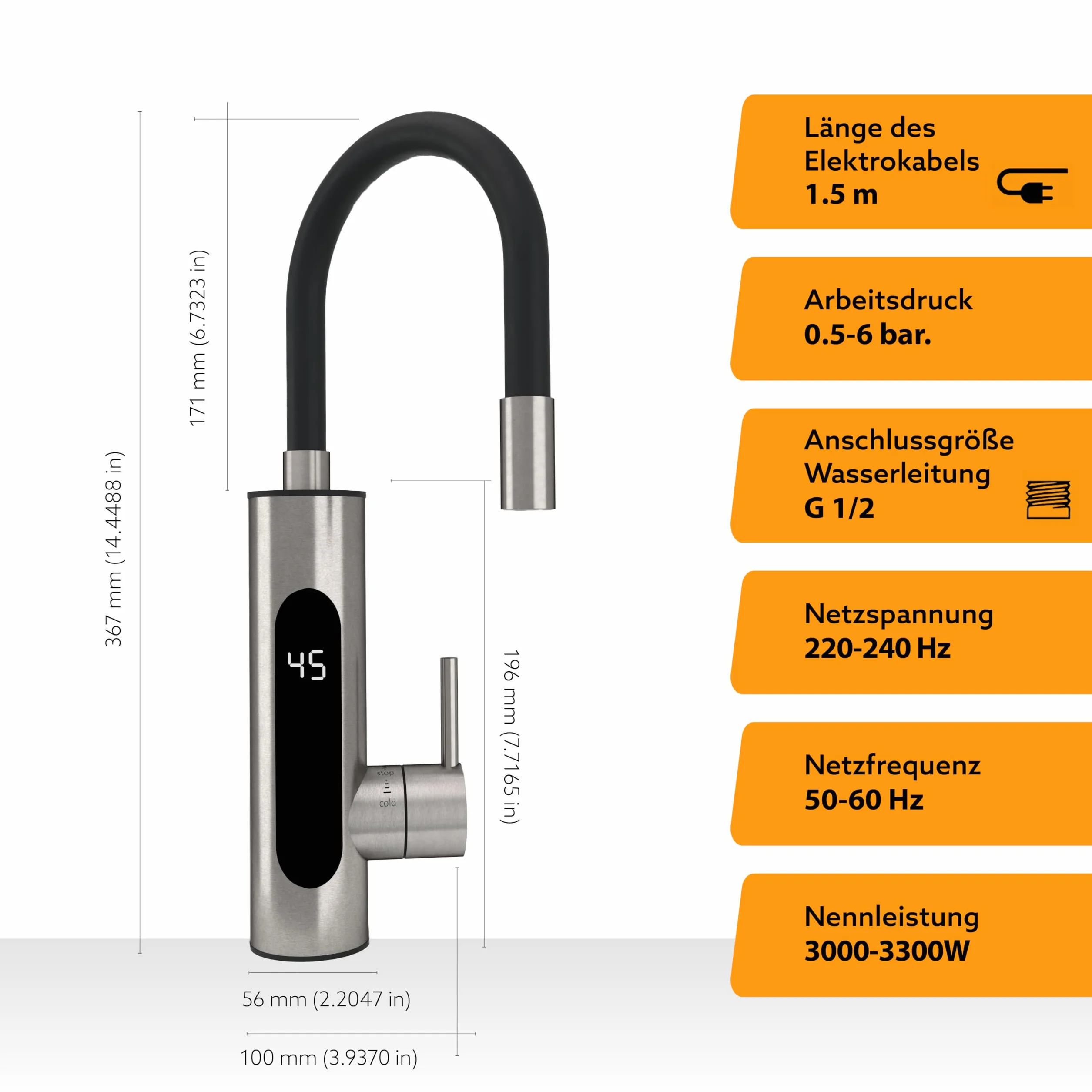 HOGART Grifo eléctrico con calentador de agua instantáneo 230 V para cocina jardín baño caravana camping