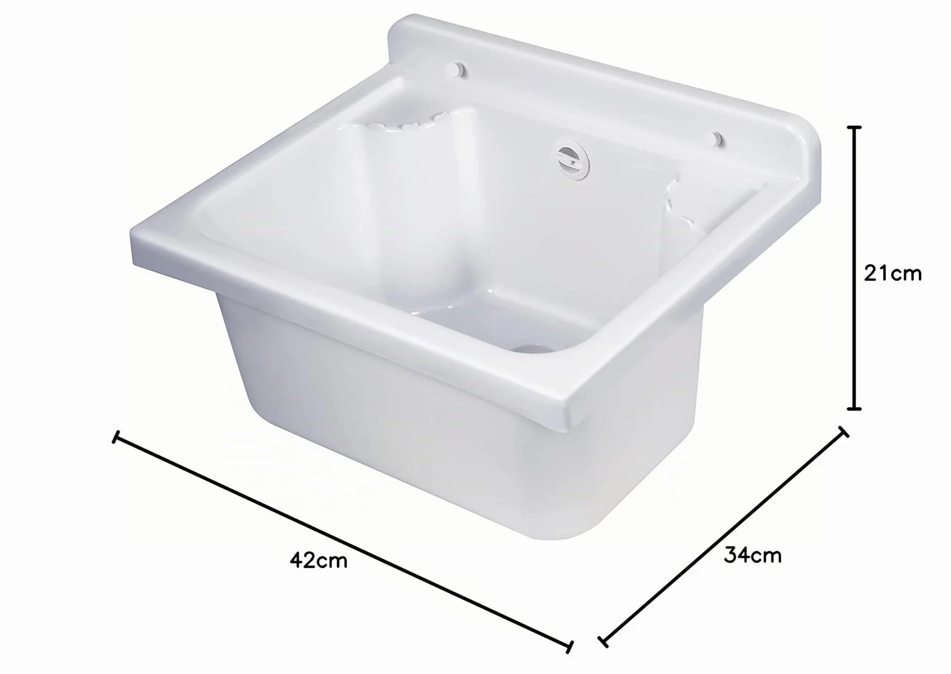 Negrari Lavabo Pilozzo de pared de resina, resistente a los ácidos de uso común, resistente a la humedad, kit de desagüe incluido, interior y exterior, 42 x 34 x 21 cm, blanco