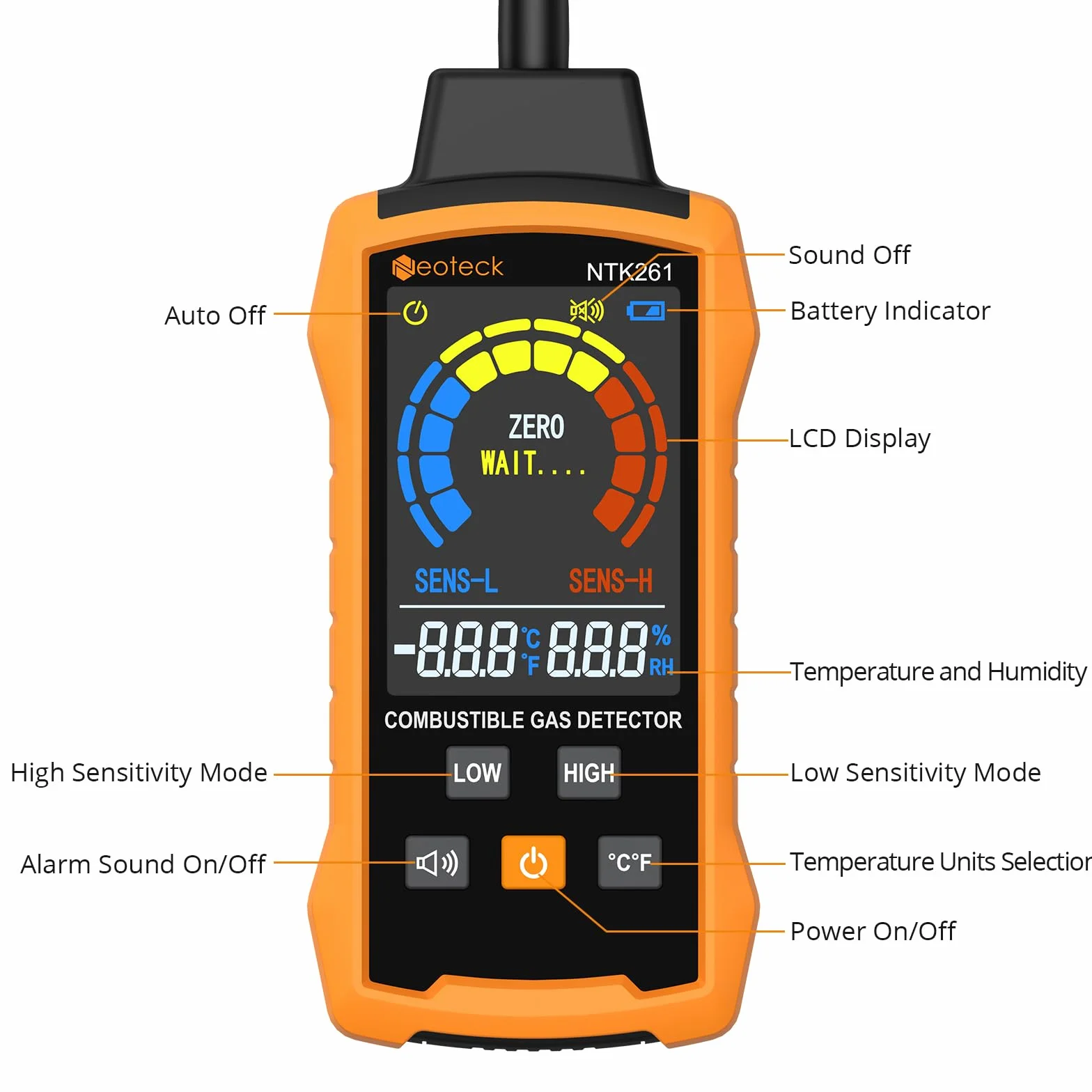 Neoteck Detector de Gas Natural Detector de Fugas de Gas con Sonda Flexible de 12 Pulgadas Detector de Gas Combustible con Alarma Audible y Visual para Vivienda Caravana Estufa Gasoducto