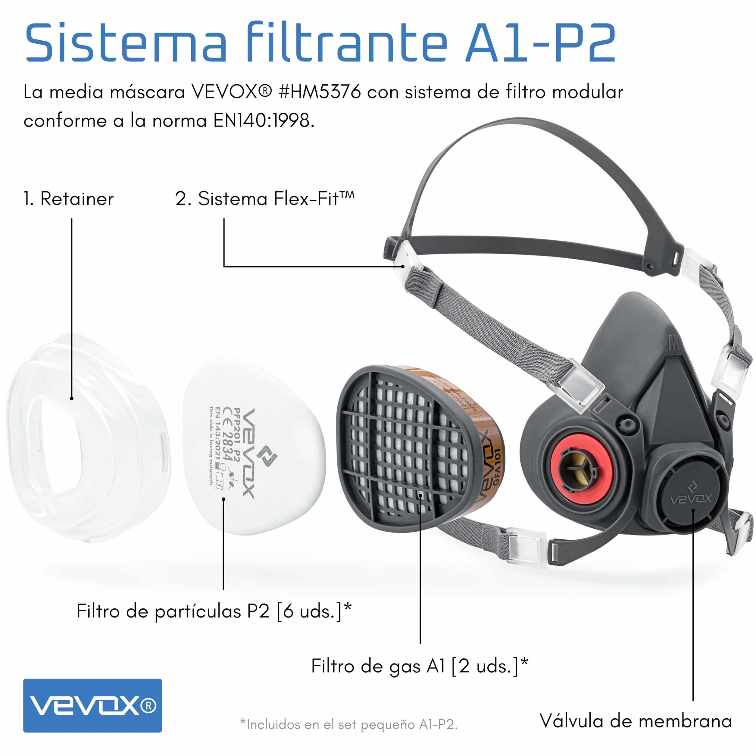 VEVOX® Máscara respiratoria con filtro A1P2 – Protección contra gases, vapores y partículas finas de polvo – Ideale para pintura, lijado y obra – Con 6 filtros P2 antipartículas y 2 A1 antigás
